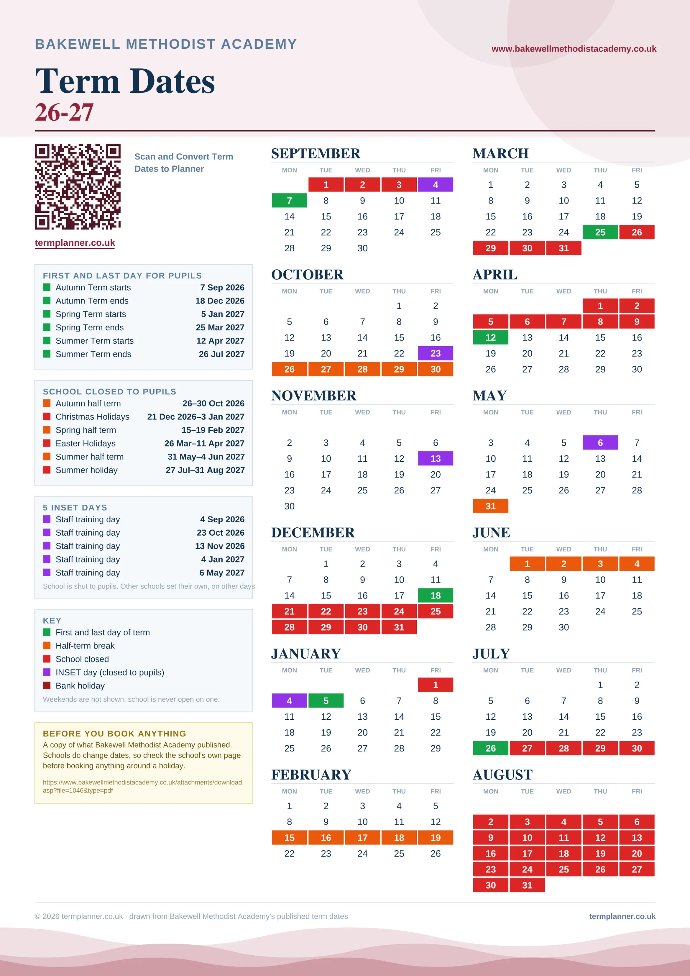 Bakewell Methodist Academy’s 2026/27 school year drawn as one sheet: twelve month grids from September to August, Monday to Friday, with autumn term 7 September to 18 December 2026, spring term 5 January to 25 March 2027, summer term 12 April to 26 July 2027. Half terms, holidays and bank holidays are filled in colour, the first and last day of each term is marked, 5 INSET days are picked out, and every date is listed again in words down the left.