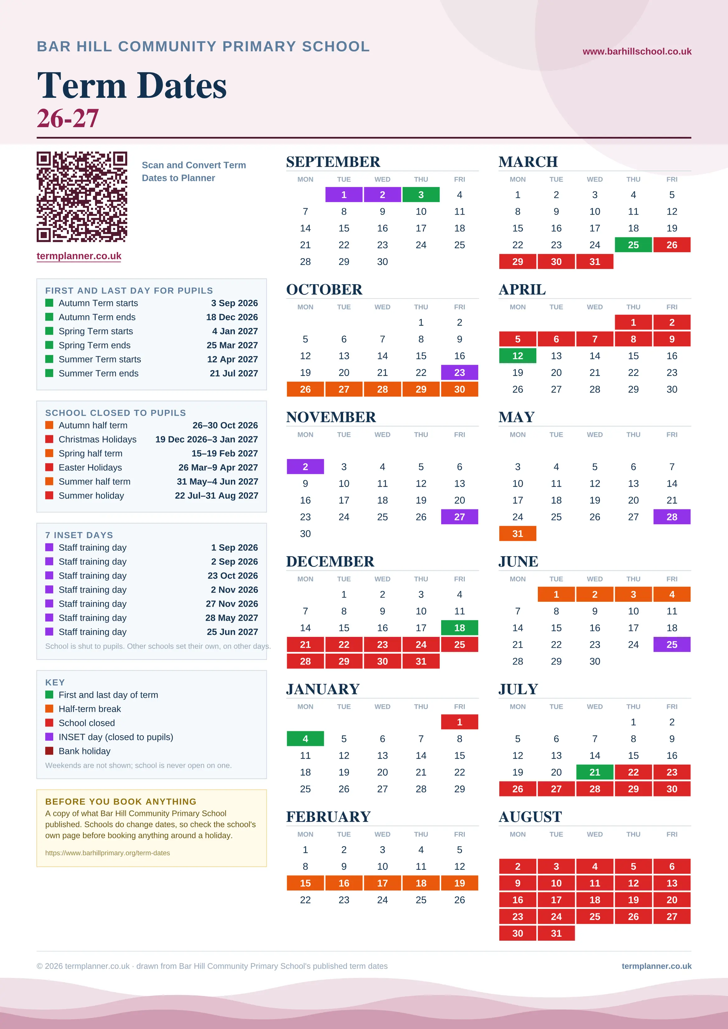 Bar Hill Community Primary School’s 2026/27 school year drawn as one sheet: twelve month grids from September to August, Monday to Friday, with autumn term 3 September to 18 December 2026, spring term 4 January to 25 March 2027, summer term 12 April to 21 July 2027. Half terms, holidays and bank holidays are filled in colour, the first and last day of each term is marked, 7 INSET days are picked out, and every date is listed again in words down the left.