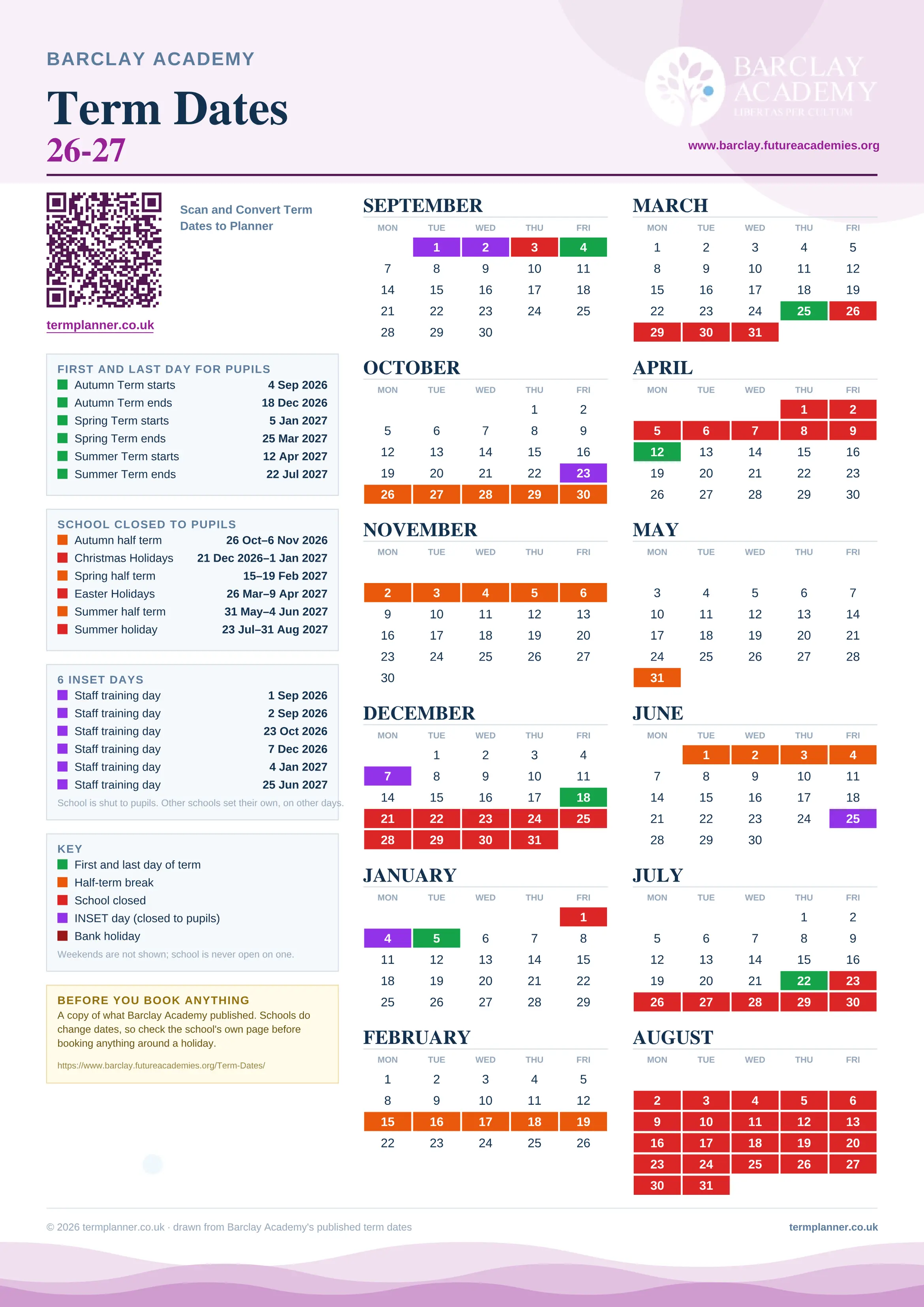 Barclay Academy’s 2026/27 school year drawn as one sheet: twelve month grids from September to August, Monday to Friday, with autumn term 4 September to 18 December 2026, spring term 5 January to 25 March 2027, summer term 12 April to 22 July 2027. Half terms, holidays and bank holidays are filled in colour, the first and last day of each term is marked, 6 INSET days are picked out, and every date is listed again in words down the left.
