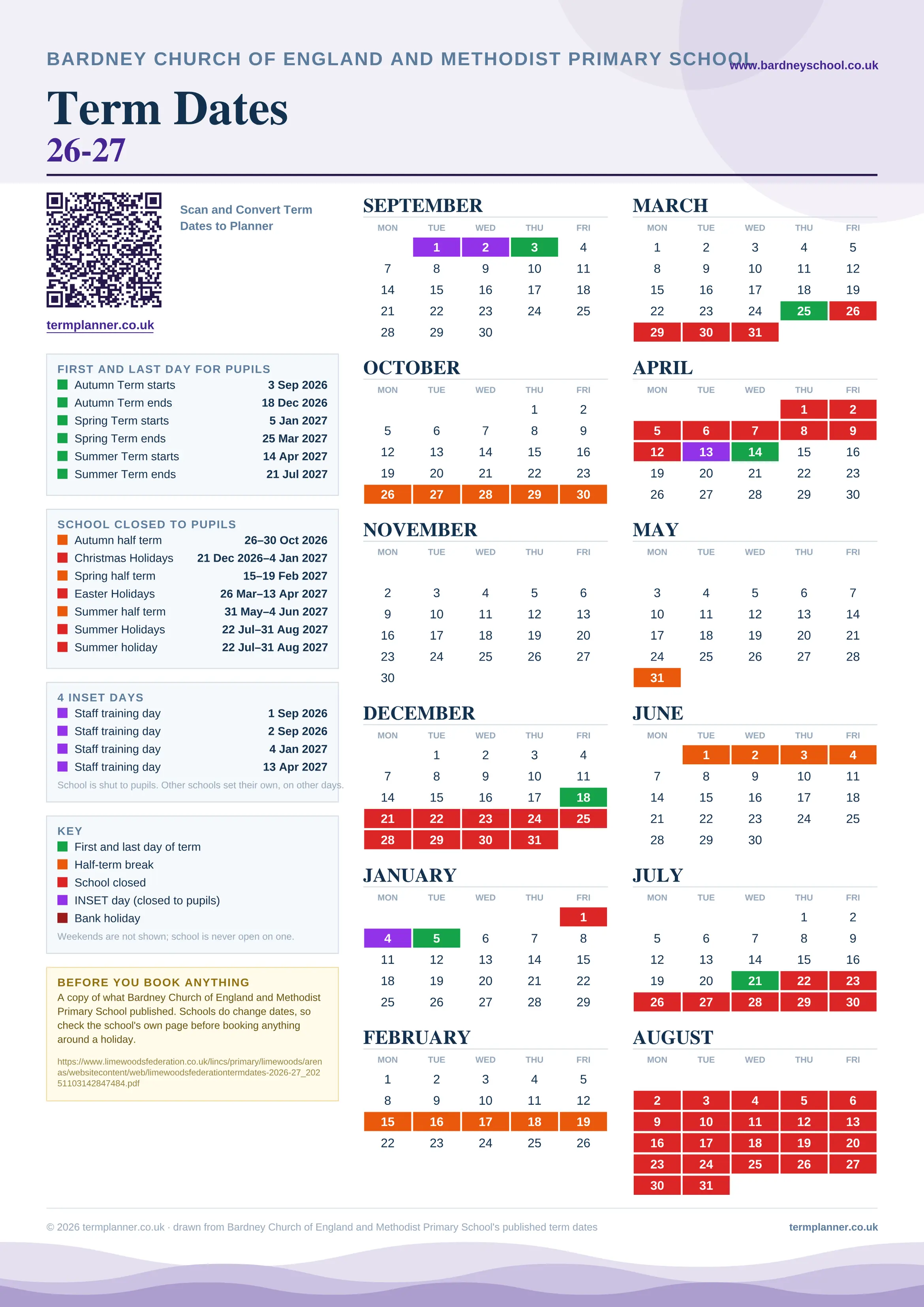 Bardney Church of England and Methodist Primary School’s 2026/27 school year drawn as one sheet: twelve month grids from September to August, Monday to Friday, with autumn term 3 September to 18 December 2026, spring term 5 January to 25 March 2027, summer term 14 April to 21 July 2027. Half terms, holidays and bank holidays are filled in colour, the first and last day of each term is marked, 4 INSET days are picked out, and every date is listed again in words down the left.