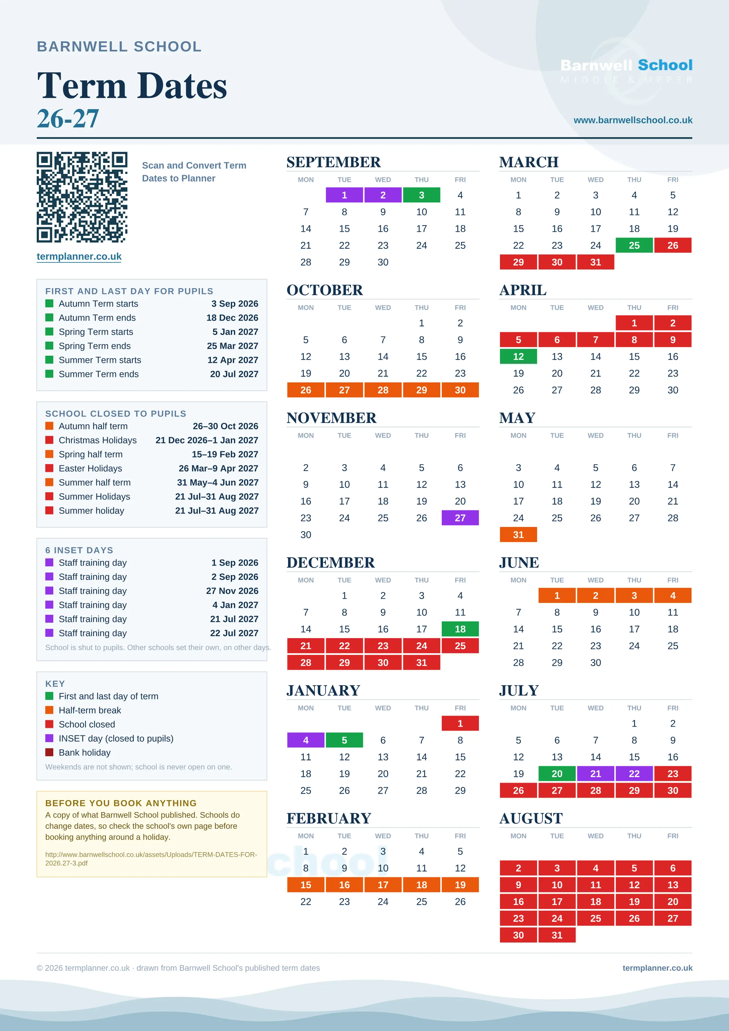 Barnwell School’s 2026/27 school year drawn as one sheet: twelve month grids from September to August, Monday to Friday, with autumn term 3 September to 18 December 2026, spring term 5 January to 25 March 2027, summer term 12 April to 20 July 2027. Half terms, holidays and bank holidays are filled in colour, the first and last day of each term is marked, 6 INSET days are picked out, and every date is listed again in words down the left.