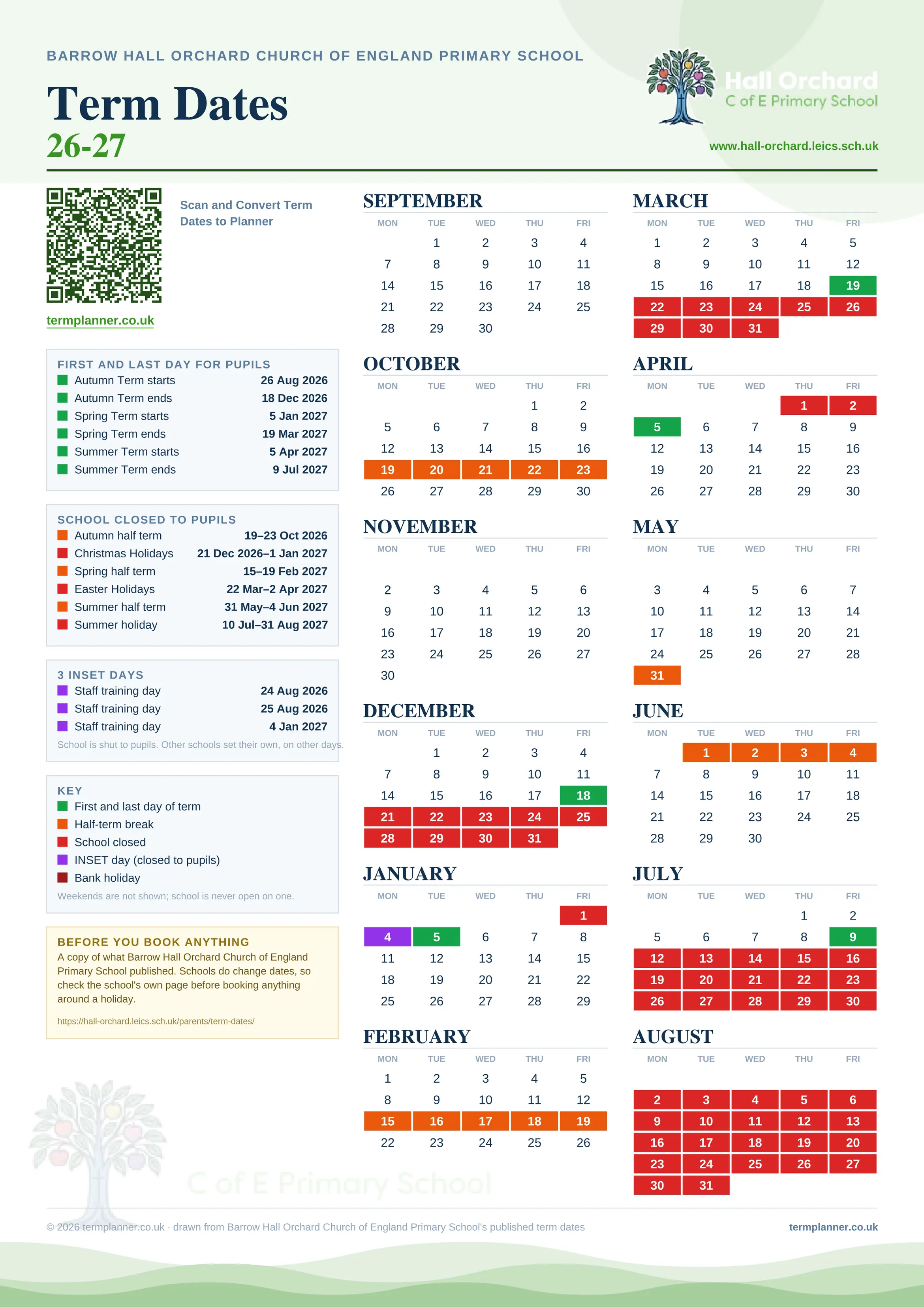 Barrow Hall Orchard Church of England Primary School’s 2026/27 school year drawn as one sheet: twelve month grids from September to August, Monday to Friday, with autumn term 26 August to 18 December 2026, spring term 5 January to 19 March 2027, summer term 5 April to 9 July 2027. Half terms, holidays and bank holidays are filled in colour, the first and last day of each term is marked, 3 INSET days are picked out, and every date is listed again in words down the left.