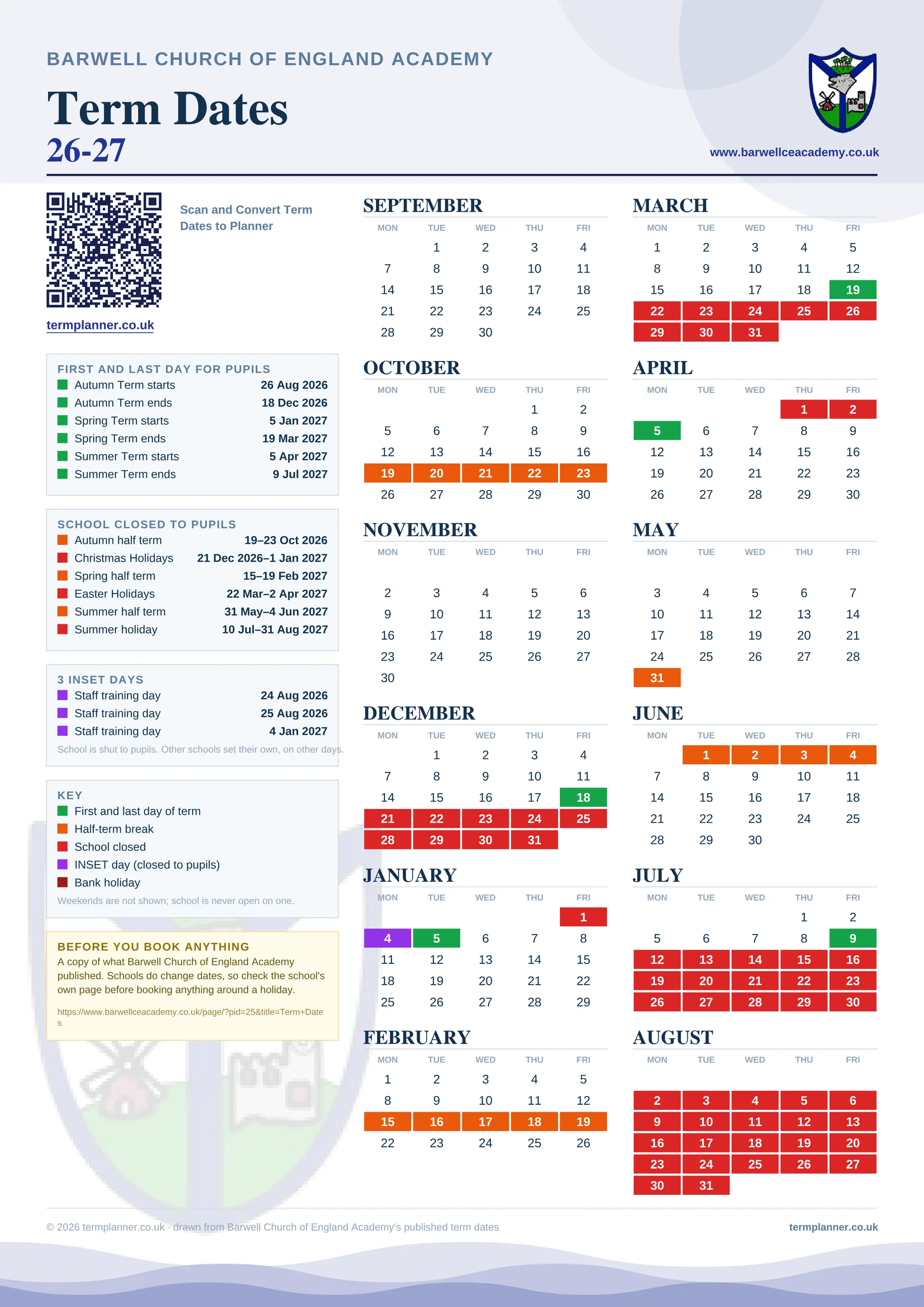 Barwell Church of England Academy’s 2026/27 school year drawn as one sheet: twelve month grids from September to August, Monday to Friday, with autumn term 26 August to 18 December 2026, spring term 5 January to 19 March 2027, summer term 5 April to 9 July 2027. Half terms, holidays and bank holidays are filled in colour, the first and last day of each term is marked, 3 INSET days are picked out, and every date is listed again in words down the left.