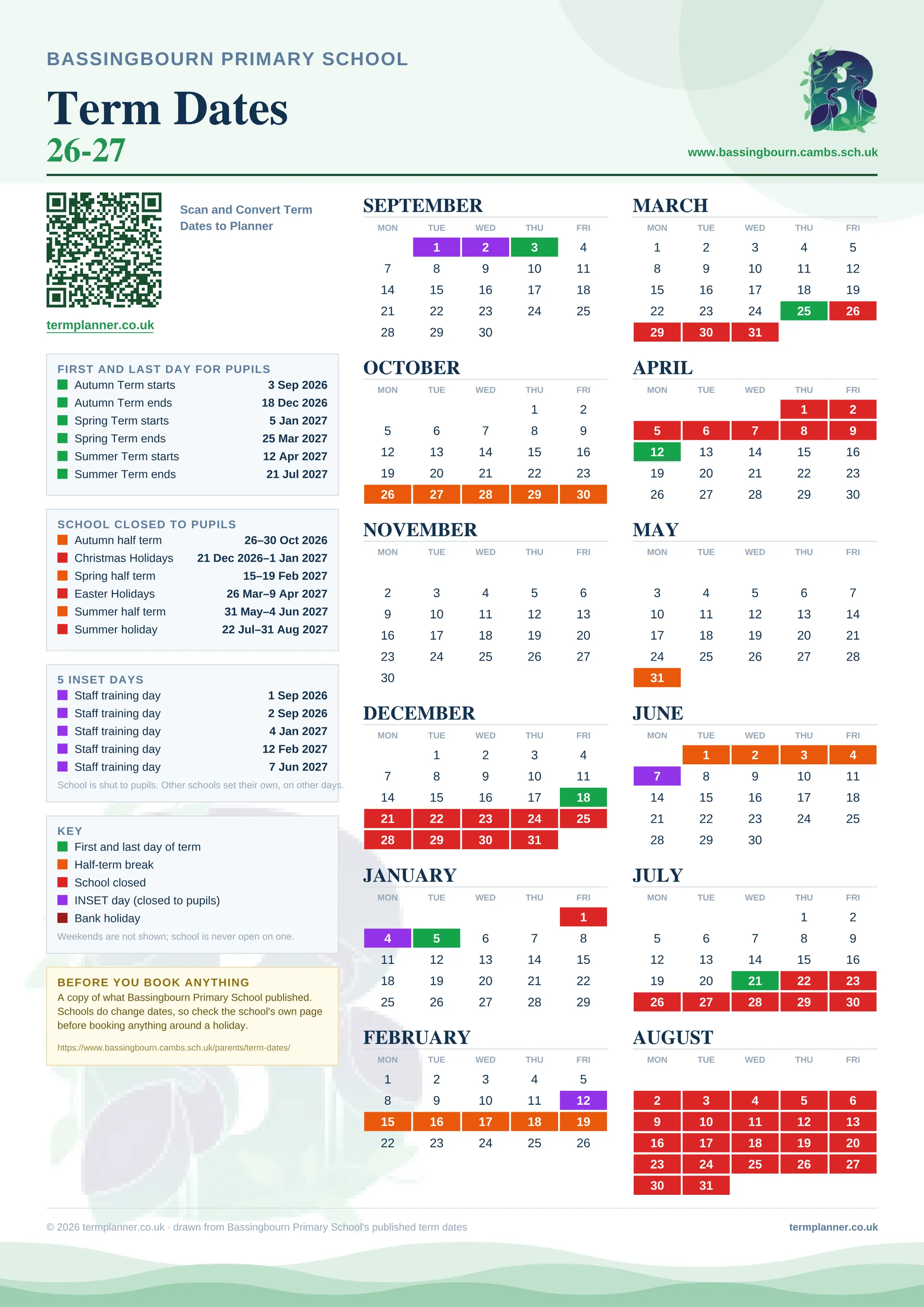 Bassingbourn Primary School’s 2026/27 school year drawn as one sheet: twelve month grids from September to August, Monday to Friday, with autumn term 3 September to 18 December 2026, spring term 5 January to 25 March 2027, summer term 12 April to 21 July 2027. Half terms, holidays and bank holidays are filled in colour, the first and last day of each term is marked, 5 INSET days are picked out, and every date is listed again in words down the left.