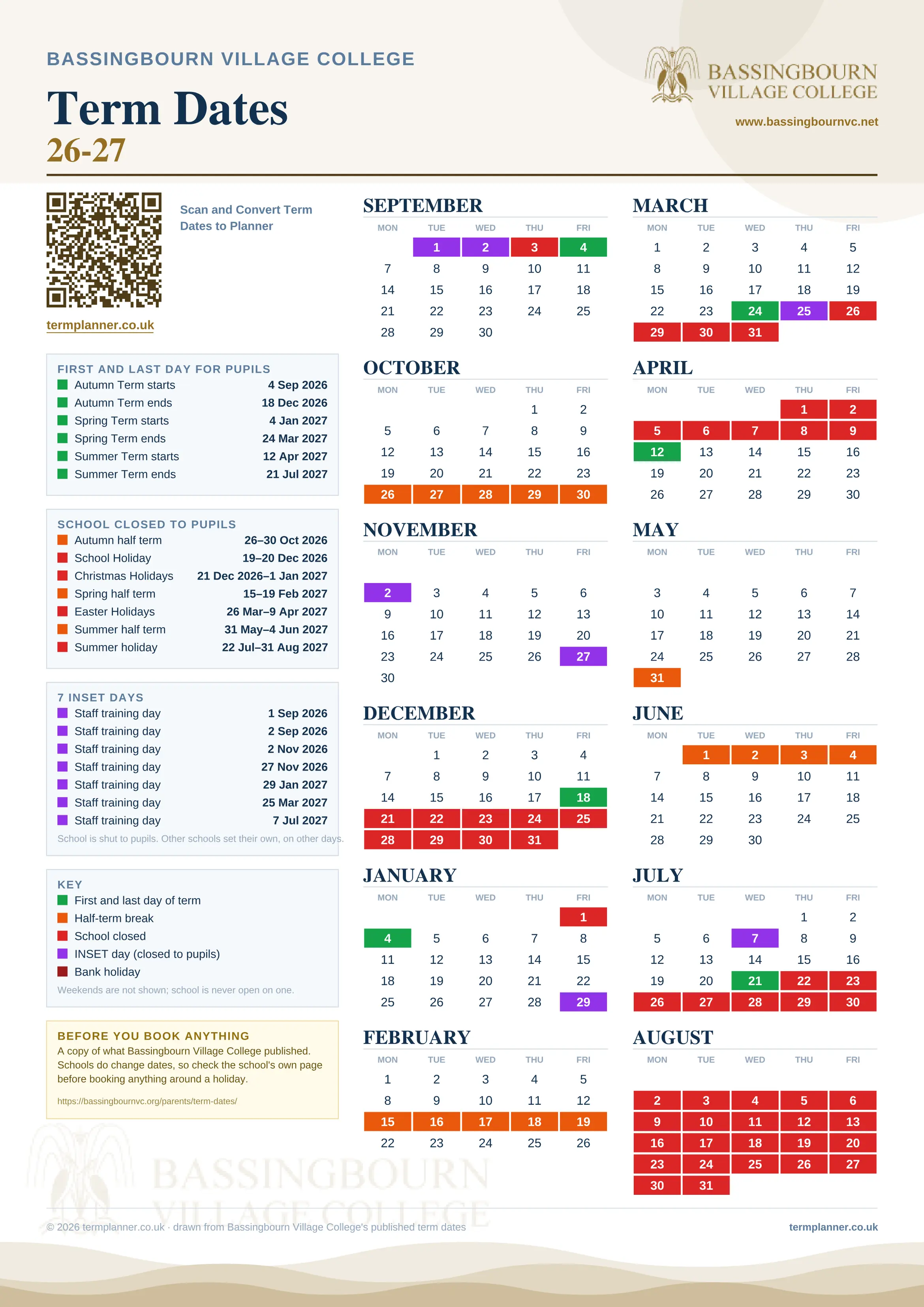 Bassingbourn Village College’s 2026/27 school year drawn as one sheet: twelve month grids from September to August, Monday to Friday, with autumn term 4 September to 18 December 2026, spring term 4 January to 24 March 2027, summer term 12 April to 21 July 2027. Half terms, holidays and bank holidays are filled in colour, the first and last day of each term is marked, 7 INSET days are picked out, and every date is listed again in words down the left.
