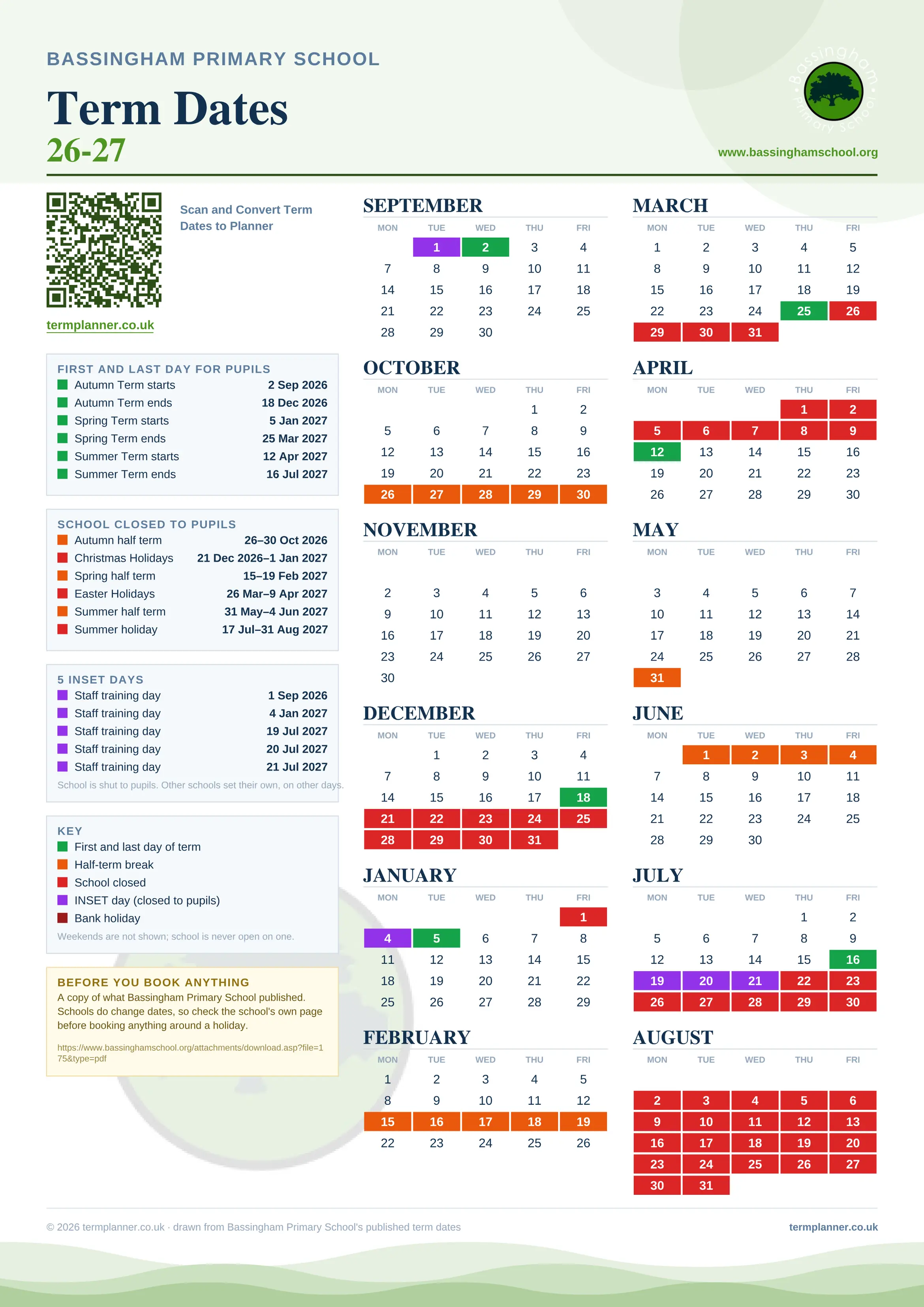 Bassingham Primary School’s 2026/27 school year drawn as one sheet: twelve month grids from September to August, Monday to Friday, with autumn term 2 September to 18 December 2026, spring term 5 January to 25 March 2027, summer term 12 April to 16 July 2027. Half terms, holidays and bank holidays are filled in colour, the first and last day of each term is marked, 5 INSET days are picked out, and every date is listed again in words down the left.