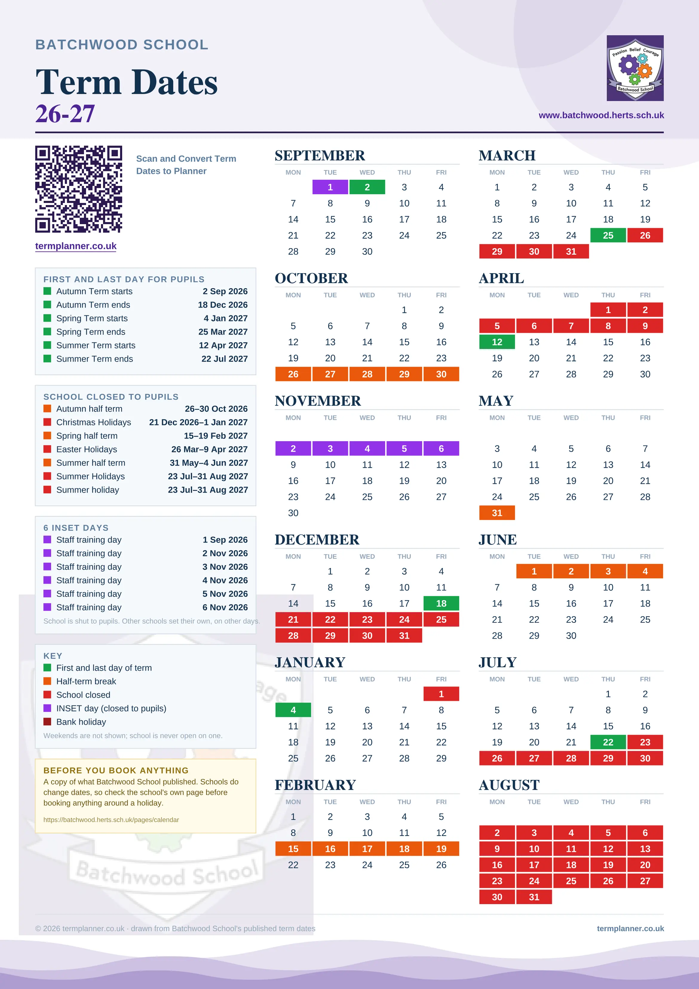 Batchwood School’s 2026/27 school year drawn as one sheet: twelve month grids from September to August, Monday to Friday, with autumn term 2 September to 18 December 2026, spring term 4 January to 25 March 2027, summer term 12 April to 22 July 2027. Half terms, holidays and bank holidays are filled in colour, the first and last day of each term is marked, 6 INSET days are picked out, and every date is listed again in words down the left.