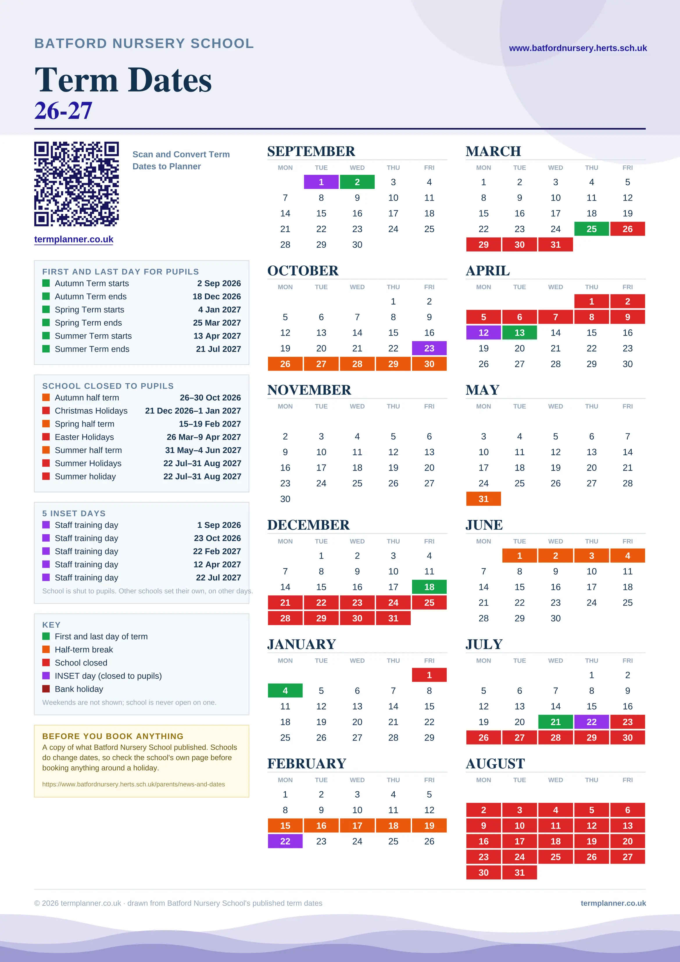 Batford Nursery School’s 2026/27 school year drawn as one sheet: twelve month grids from September to August, Monday to Friday, with autumn term 2 September to 18 December 2026, spring term 4 January to 25 March 2027, summer term 13 April to 21 July 2027. Half terms, holidays and bank holidays are filled in colour, the first and last day of each term is marked, 5 INSET days are picked out, and every date is listed again in words down the left.