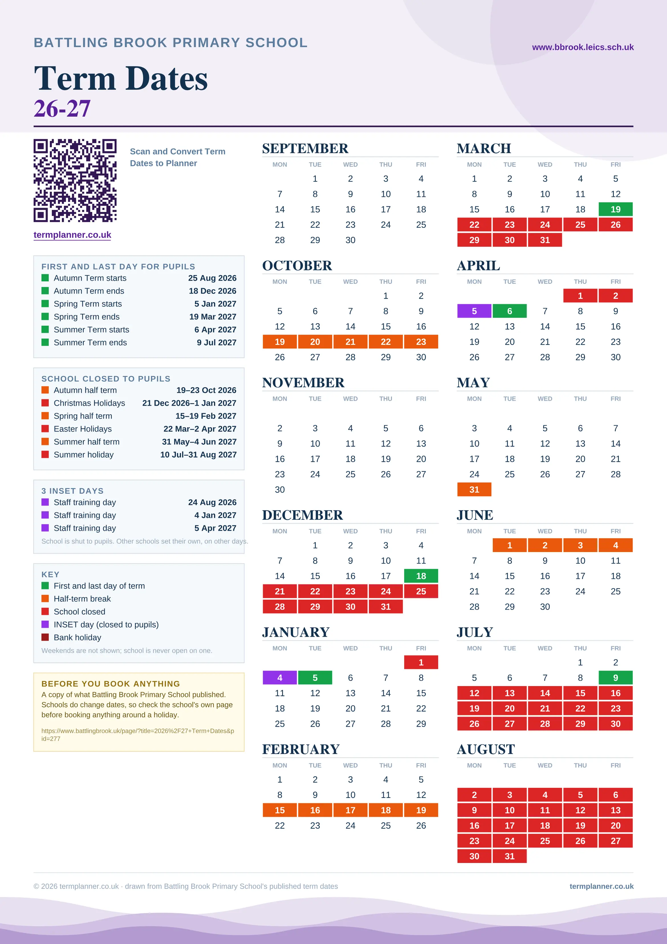 Battling Brook Primary School’s 2026/27 school year drawn as one sheet: twelve month grids from September to August, Monday to Friday, with autumn term 25 August to 18 December 2026, spring term 5 January to 19 March 2027, summer term 6 April to 9 July 2027. Half terms, holidays and bank holidays are filled in colour, the first and last day of each term is marked, 3 INSET days are picked out, and every date is listed again in words down the left.