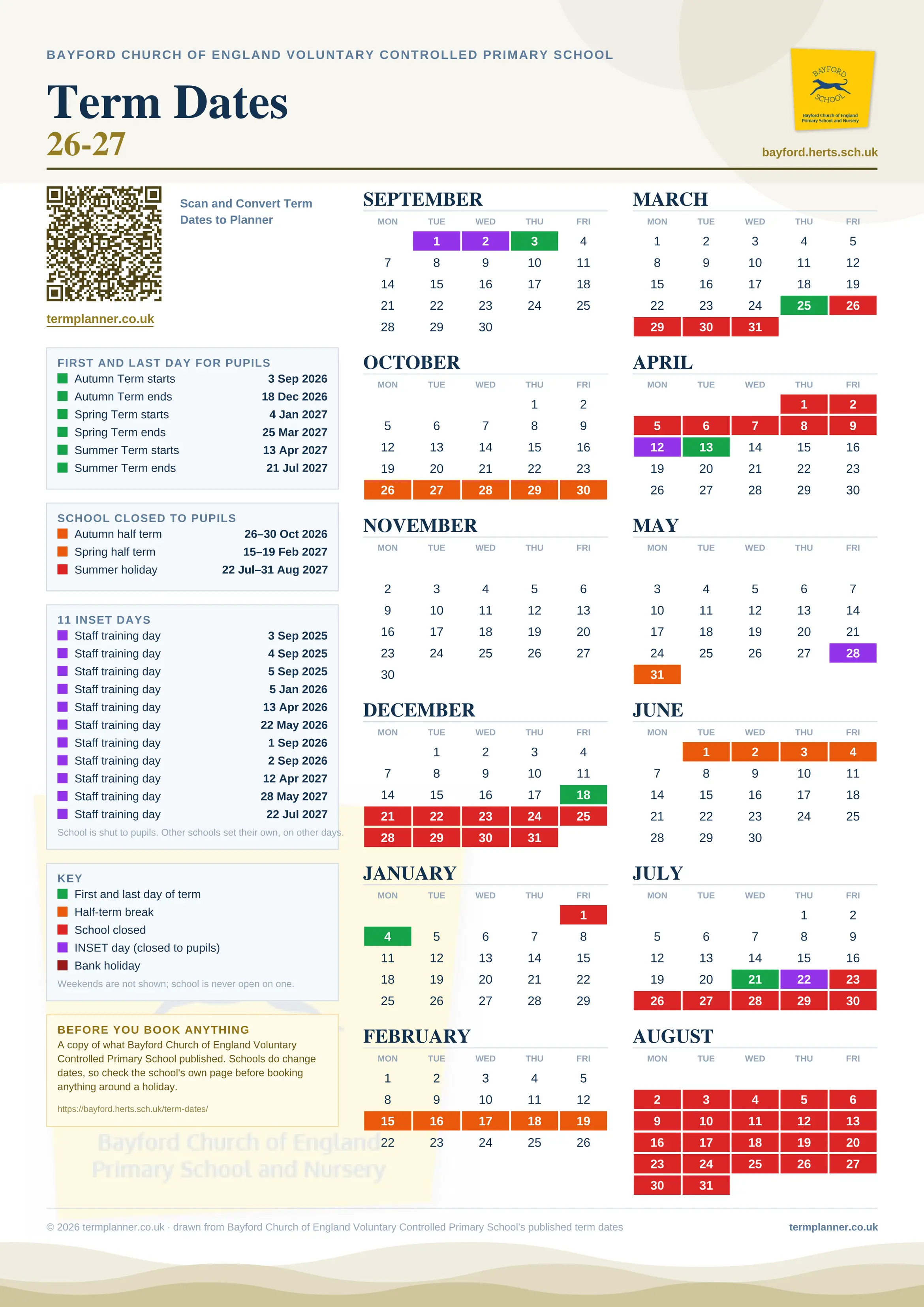 Bayford Church of England Voluntary Controlled Primary School’s 2026/27 school year drawn as one sheet: twelve month grids from September to August, Monday to Friday, with autumn term 3 September to 18 December 2026, spring term 4 January to 25 March 2027, summer term 13 April to 21 July 2027. Half terms, holidays and bank holidays are filled in colour, the first and last day of each term is marked, 11 INSET days are picked out, and every date is listed again in words down the left.