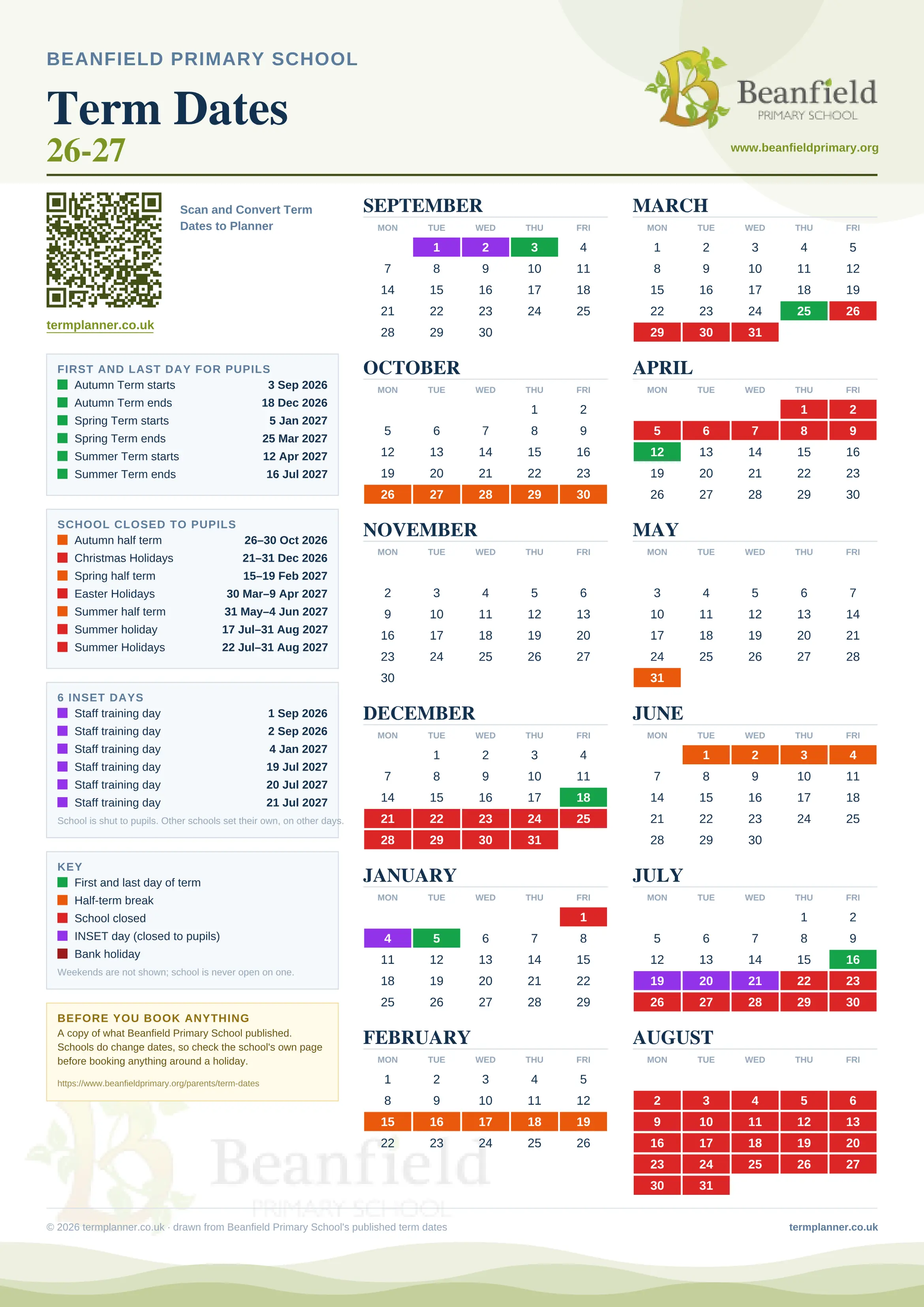 Beanfield Primary School’s 2026/27 school year drawn as one sheet: twelve month grids from September to August, Monday to Friday, with autumn term 3 September to 18 December 2026, spring term 5 January to 25 March 2027, summer term 12 April to 16 July 2027. Half terms, holidays and bank holidays are filled in colour, the first and last day of each term is marked, 6 INSET days are picked out, and every date is listed again in words down the left.