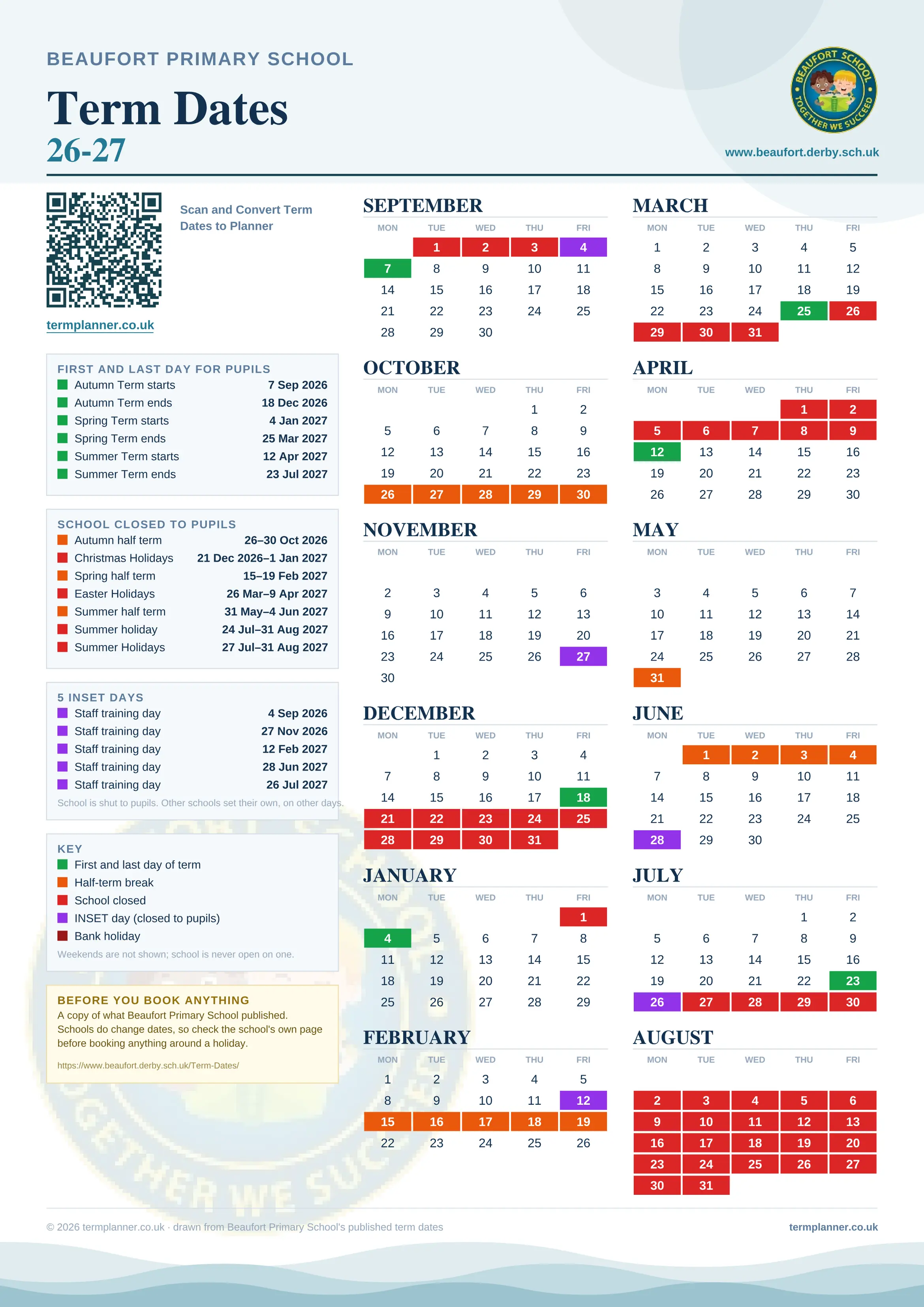 Beaufort Primary School’s 2026/27 school year drawn as one sheet: twelve month grids from September to August, Monday to Friday, with autumn term 7 September to 18 December 2026, spring term 4 January to 25 March 2027, summer term 12 April to 23 July 2027. Half terms, holidays and bank holidays are filled in colour, the first and last day of each term is marked, 5 INSET days are picked out, and every date is listed again in words down the left.