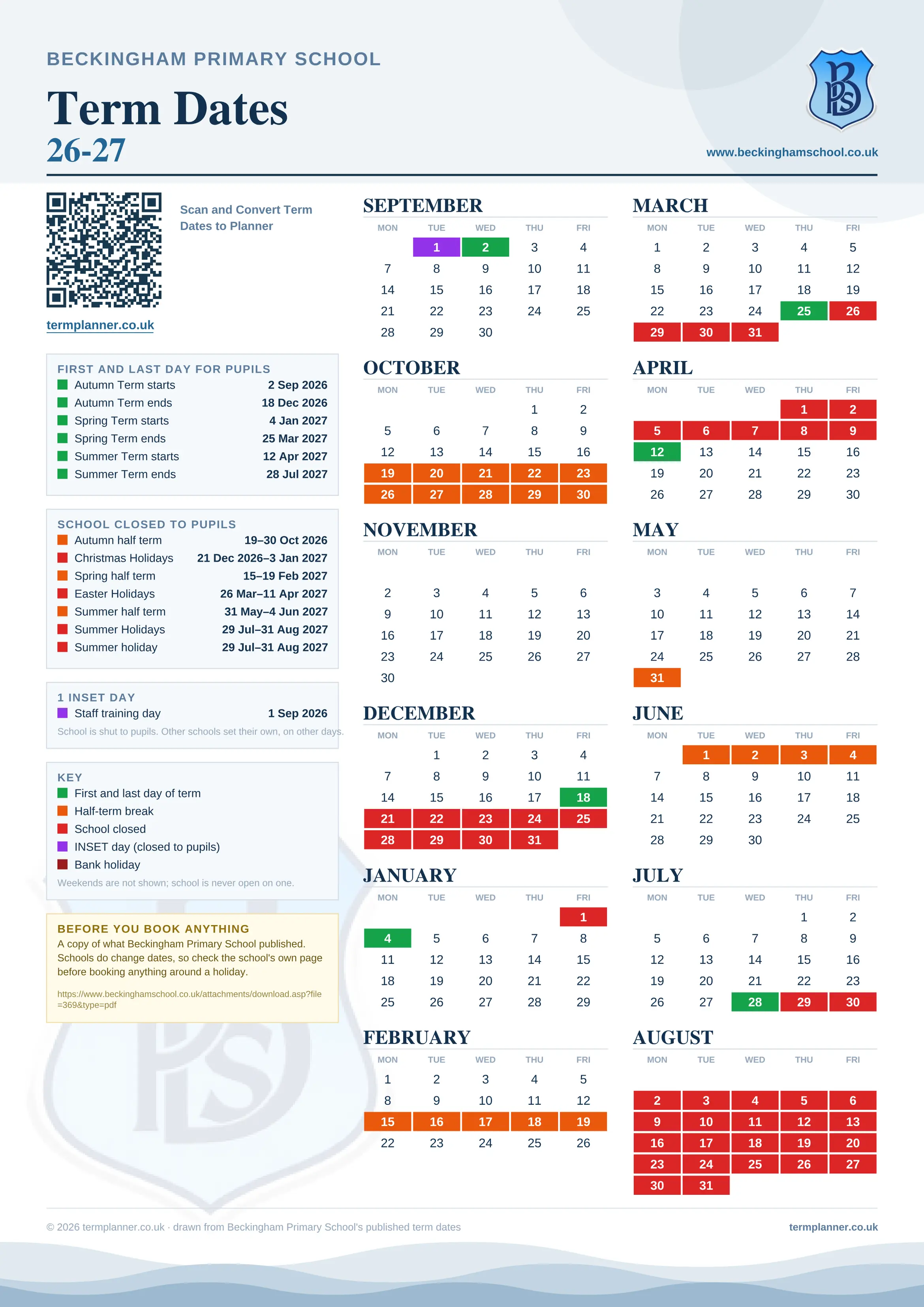 Beckingham Primary School’s 2026/27 school year drawn as one sheet: twelve month grids from September to August, Monday to Friday, with autumn term 2 September to 18 December 2026, spring term 4 January to 25 March 2027, summer term 12 April to 28 July 2027. Half terms, holidays and bank holidays are filled in colour, the first and last day of each term is marked, 1 INSET day is picked out, and every date is listed again in words down the left.