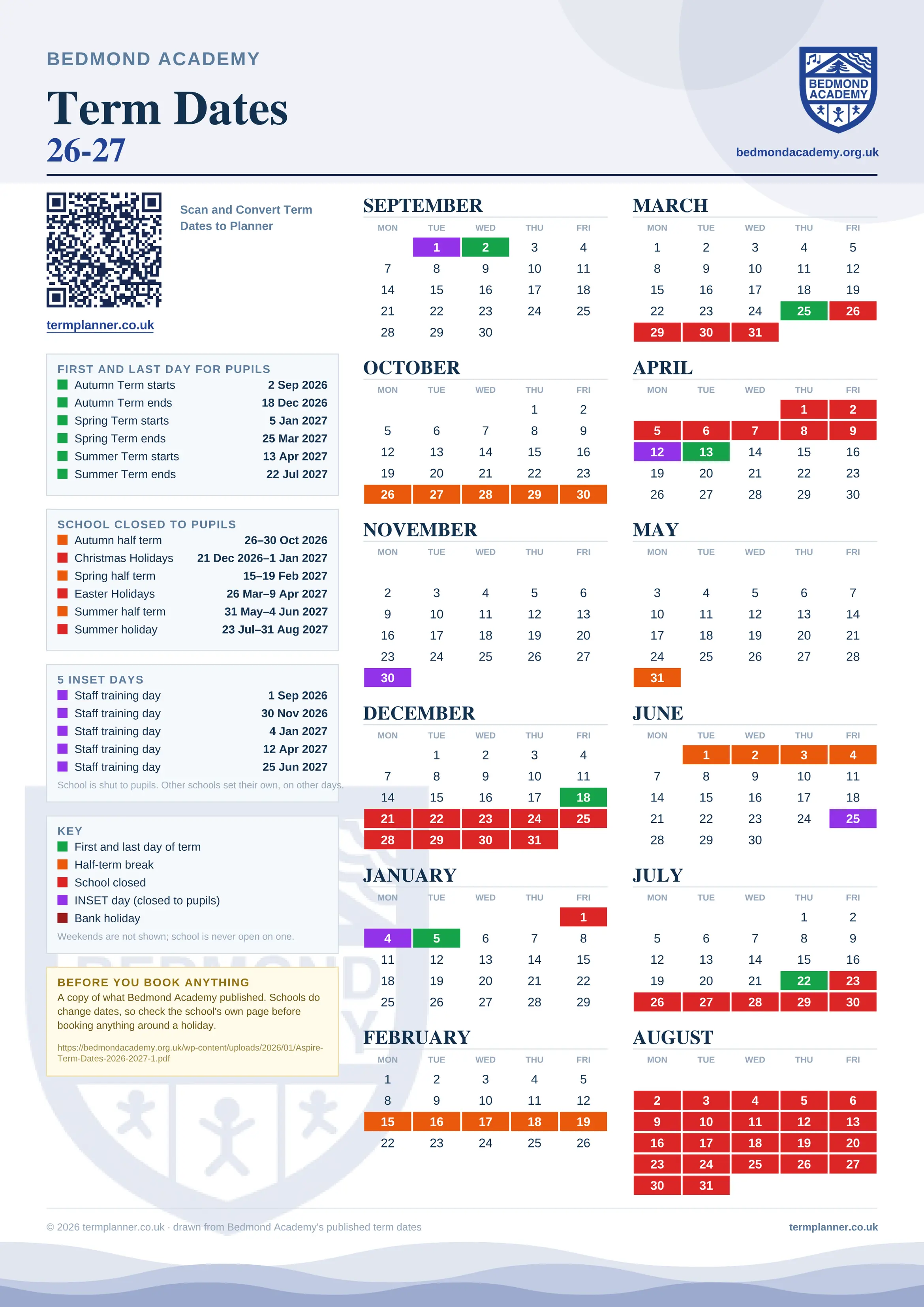 Bedmond Academy’s 2026/27 school year drawn as one sheet: twelve month grids from September to August, Monday to Friday, with autumn term 2 September to 18 December 2026, spring term 5 January to 25 March 2027, summer term 13 April to 22 July 2027. Half terms, holidays and bank holidays are filled in colour, the first and last day of each term is marked, 5 INSET days are picked out, and every date is listed again in words down the left.
