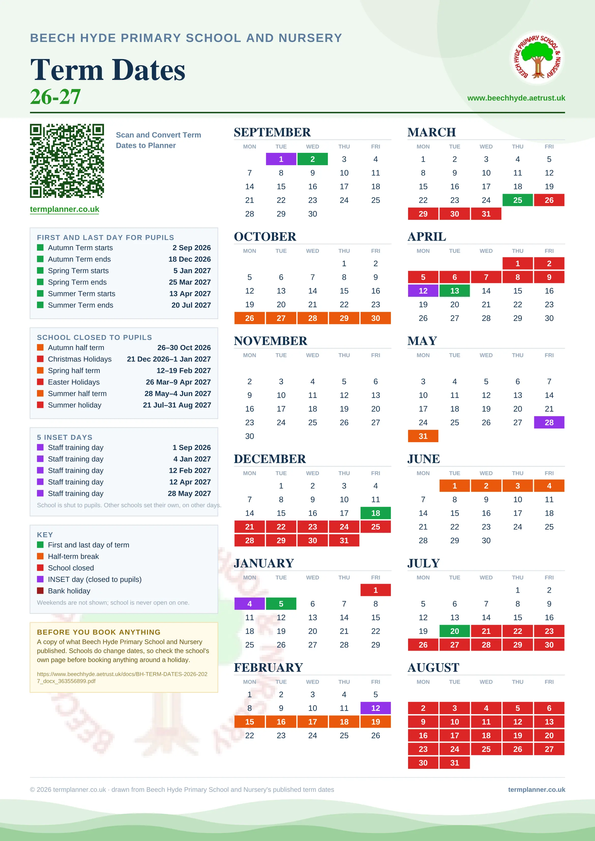 Beech Hyde Primary School and Nursery’s 2026/27 school year drawn as one sheet: twelve month grids from September to August, Monday to Friday, with autumn term 2 September to 18 December 2026, spring term 5 January to 25 March 2027, summer term 13 April to 20 July 2027. Half terms, holidays and bank holidays are filled in colour, the first and last day of each term is marked, 5 INSET days are picked out, and every date is listed again in words down the left.