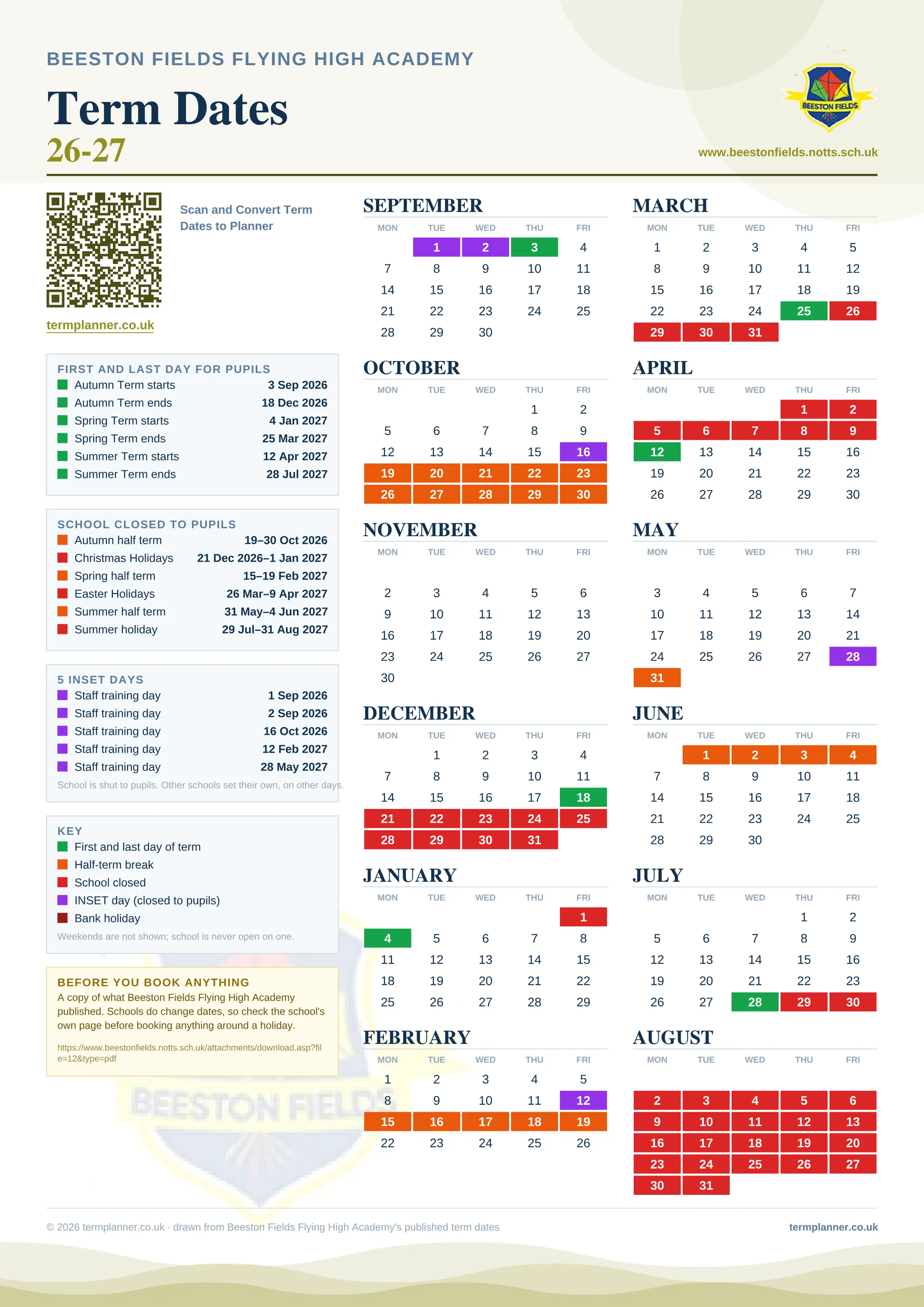 Beeston Fields Flying High Academy’s 2026/27 school year drawn as one sheet: twelve month grids from September to August, Monday to Friday, with autumn term 3 September to 18 December 2026, spring term 4 January to 25 March 2027, summer term 12 April to 28 July 2027. Half terms, holidays and bank holidays are filled in colour, the first and last day of each term is marked, 5 INSET days are picked out, and every date is listed again in words down the left.