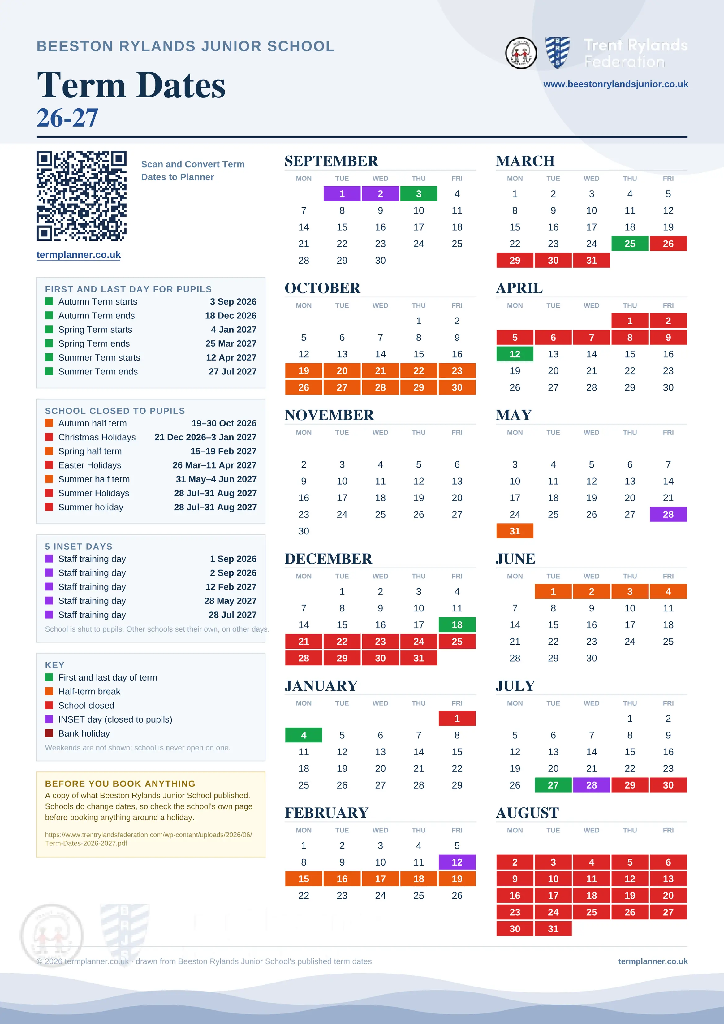 Beeston Rylands Junior School’s 2026/27 school year drawn as one sheet: twelve month grids from September to August, Monday to Friday, with autumn term 3 September to 18 December 2026, spring term 4 January to 25 March 2027, summer term 12 April to 27 July 2027. Half terms, holidays and bank holidays are filled in colour, the first and last day of each term is marked, 5 INSET days are picked out, and every date is listed again in words down the left.