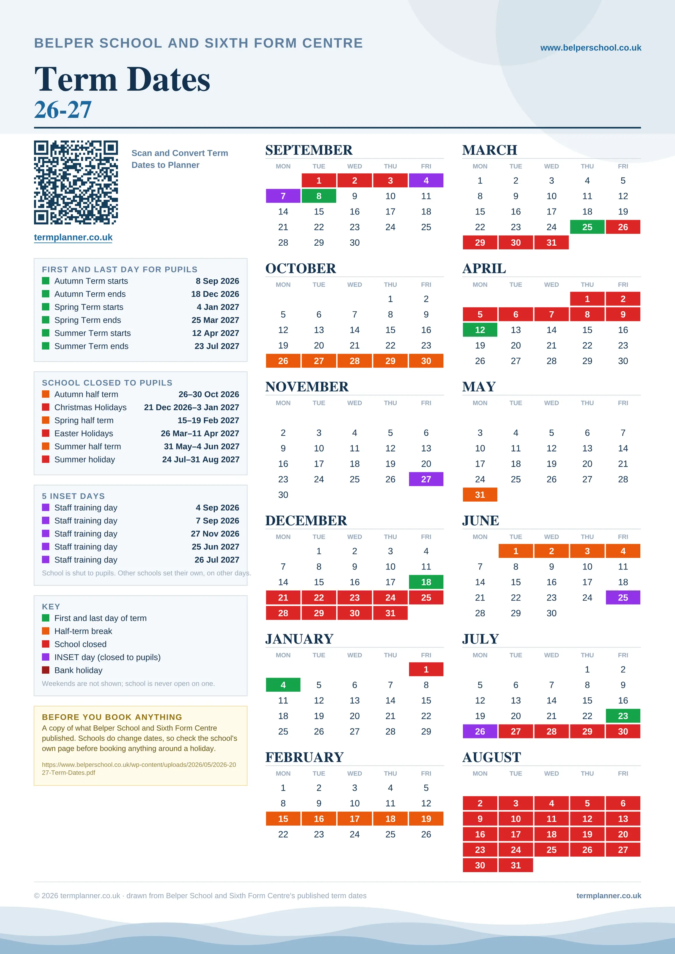 Belper School and Sixth Form Centre’s 2026/27 school year drawn as one sheet: twelve month grids from September to August, Monday to Friday, with autumn term 8 September to 18 December 2026, spring term 4 January to 25 March 2027, summer term 12 April to 23 July 2027. Half terms, holidays and bank holidays are filled in colour, the first and last day of each term is marked, 5 INSET days are picked out, and every date is listed again in words down the left.
