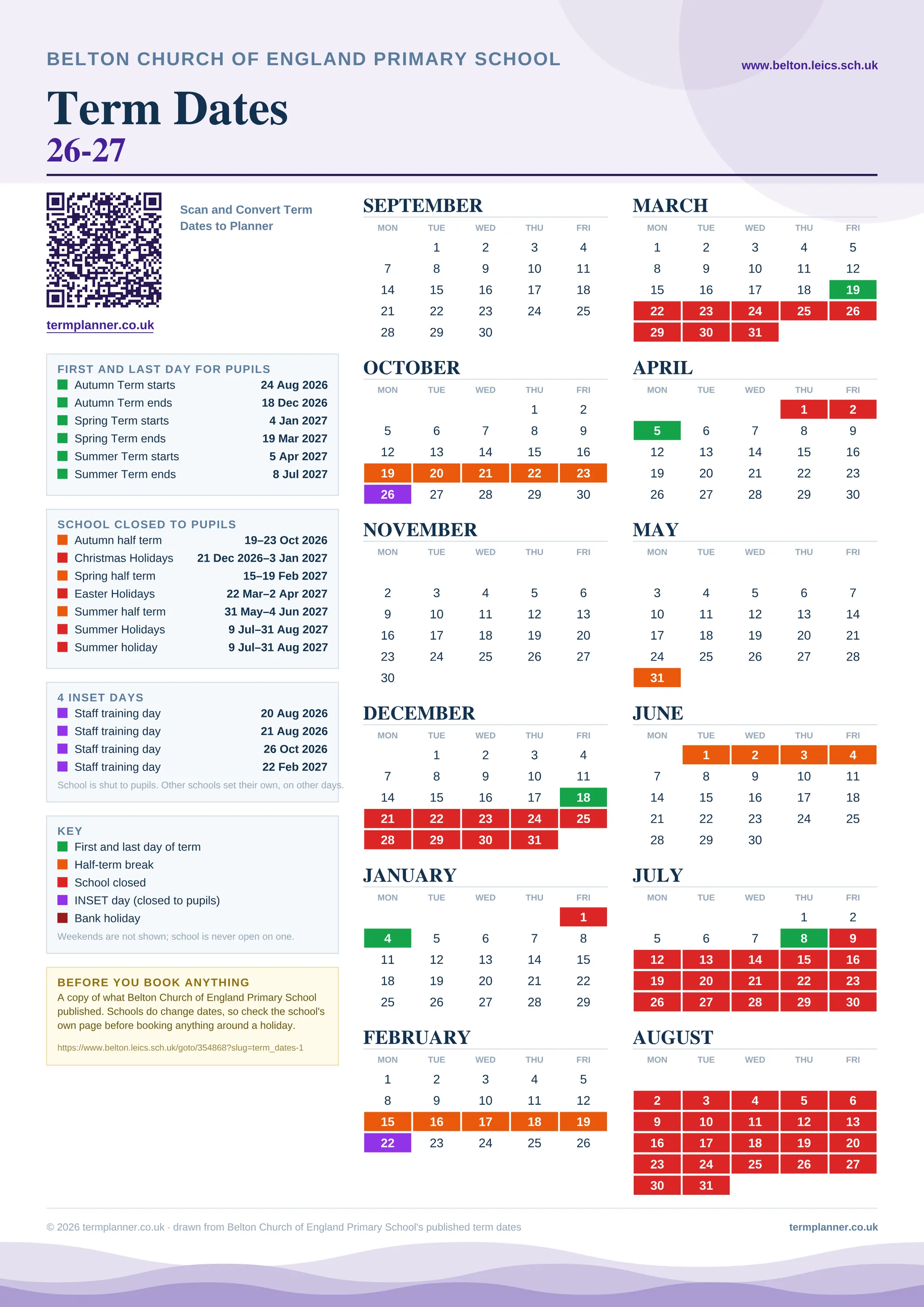 Belton Church of England Primary School’s 2026/27 school year drawn as one sheet: twelve month grids from September to August, Monday to Friday, with autumn term 24 August to 18 December 2026, spring term 4 January to 19 March 2027, summer term 5 April to 8 July 2027. Half terms, holidays and bank holidays are filled in colour, the first and last day of each term is marked, 4 INSET days are picked out, and every date is listed again in words down the left.