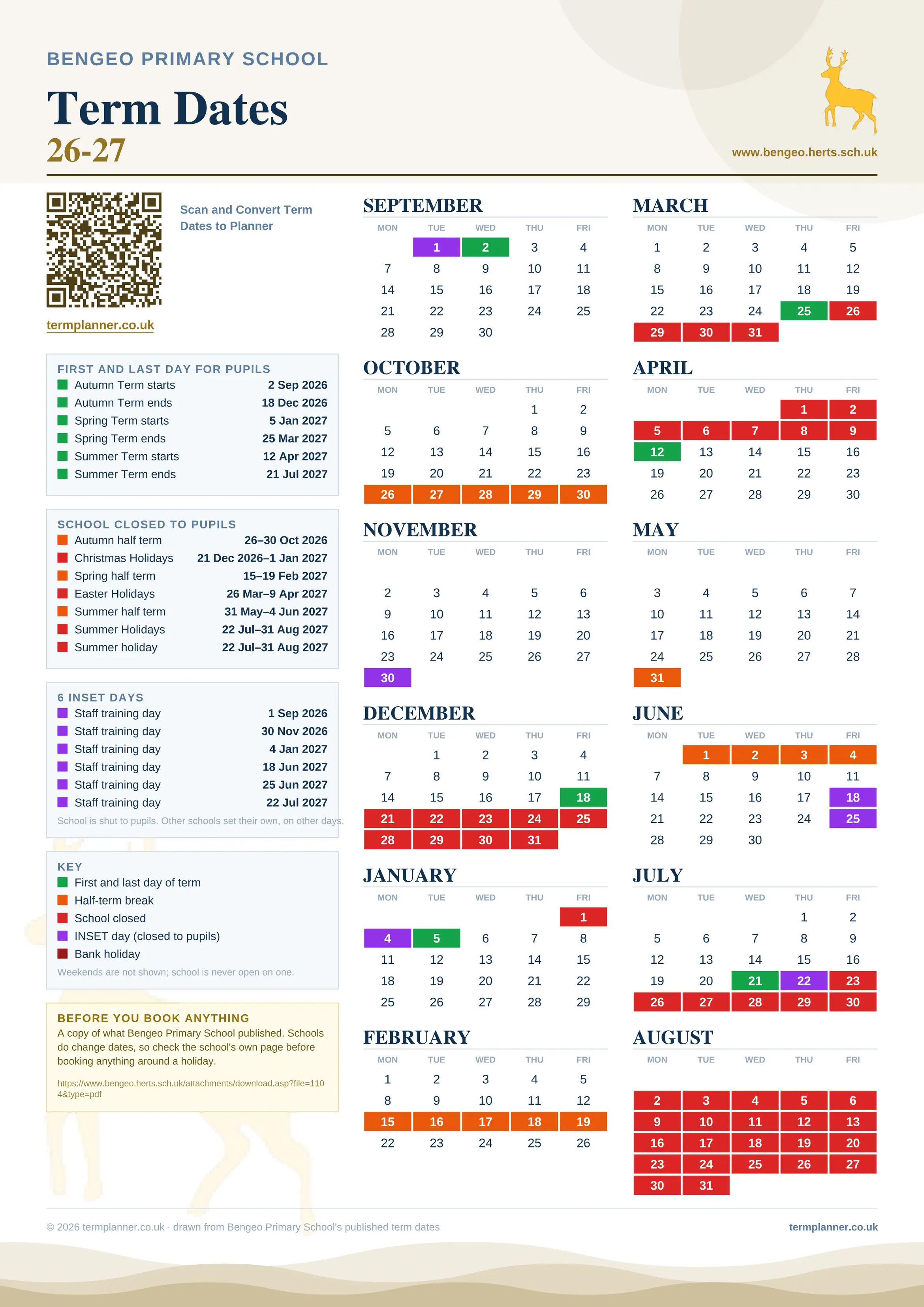 Bengeo Primary School’s 2026/27 school year drawn as one sheet: twelve month grids from September to August, Monday to Friday, with autumn term 2 September to 18 December 2026, spring term 5 January to 25 March 2027, summer term 12 April to 21 July 2027. Half terms, holidays and bank holidays are filled in colour, the first and last day of each term is marked, 6 INSET days are picked out, and every date is listed again in words down the left.