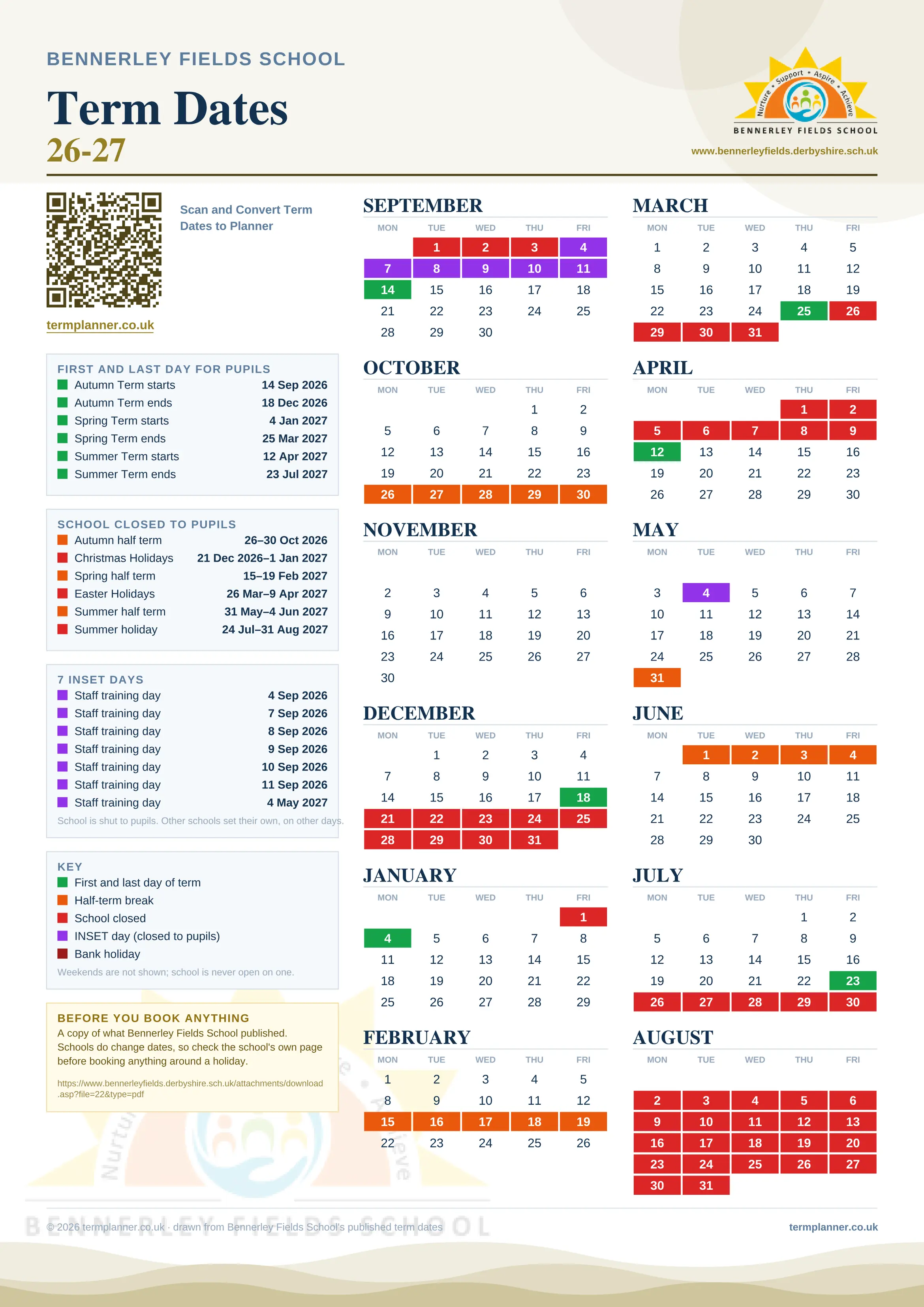 Bennerley Fields School’s 2026/27 school year drawn as one sheet: twelve month grids from September to August, Monday to Friday, with autumn term 14 September to 18 December 2026, spring term 4 January to 25 March 2027, summer term 12 April to 23 July 2027. Half terms, holidays and bank holidays are filled in colour, the first and last day of each term is marked, 7 INSET days are picked out, and every date is listed again in words down the left.