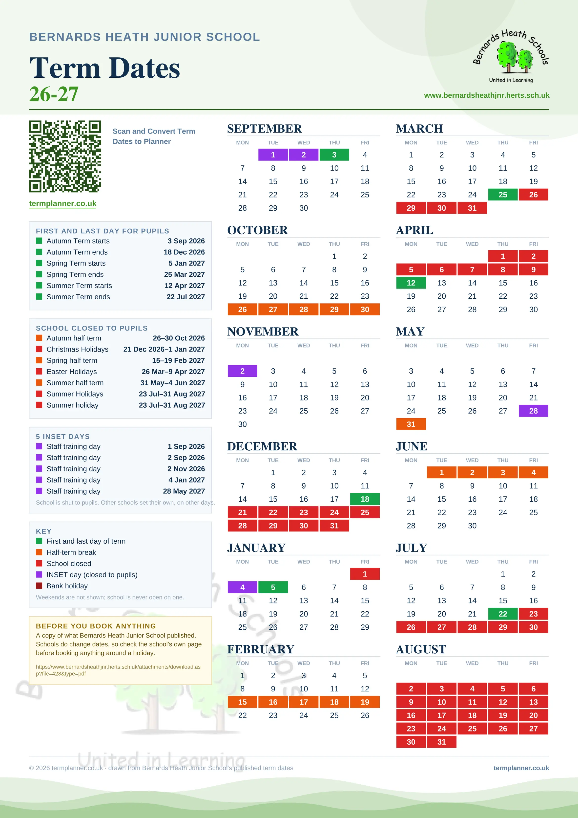 Bernards Heath Junior School’s 2026/27 school year drawn as one sheet: twelve month grids from September to August, Monday to Friday, with autumn term 3 September to 18 December 2026, spring term 5 January to 25 March 2027, summer term 12 April to 22 July 2027. Half terms, holidays and bank holidays are filled in colour, the first and last day of each term is marked, 5 INSET days are picked out, and every date is listed again in words down the left.