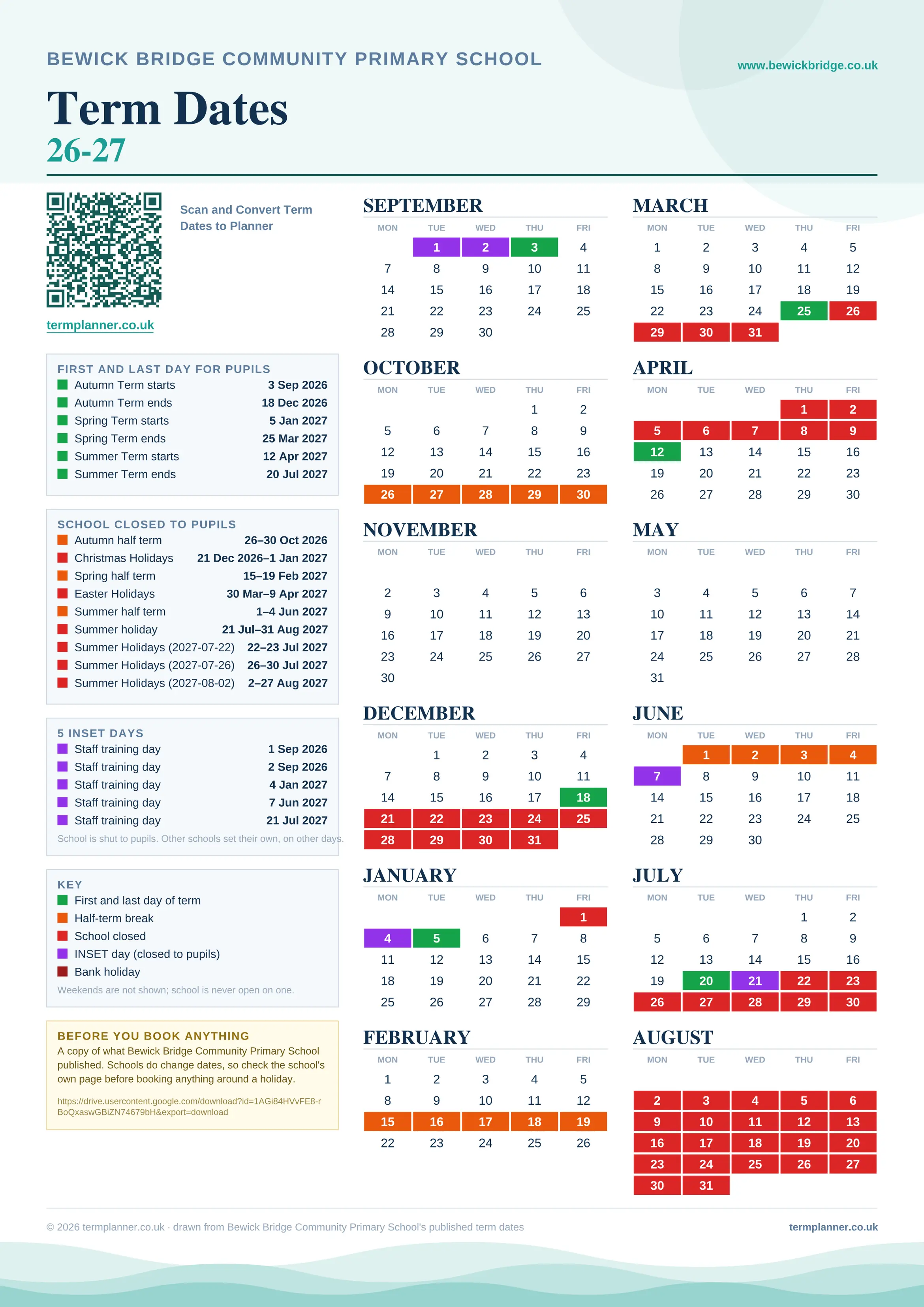 Bewick Bridge Community Primary School’s 2026/27 school year drawn as one sheet: twelve month grids from September to August, Monday to Friday, with autumn term 3 September to 18 December 2026, spring term 5 January to 25 March 2027, summer term 12 April to 20 July 2027. Half terms, holidays and bank holidays are filled in colour, the first and last day of each term is marked, 5 INSET days are picked out, and every date is listed again in words down the left.