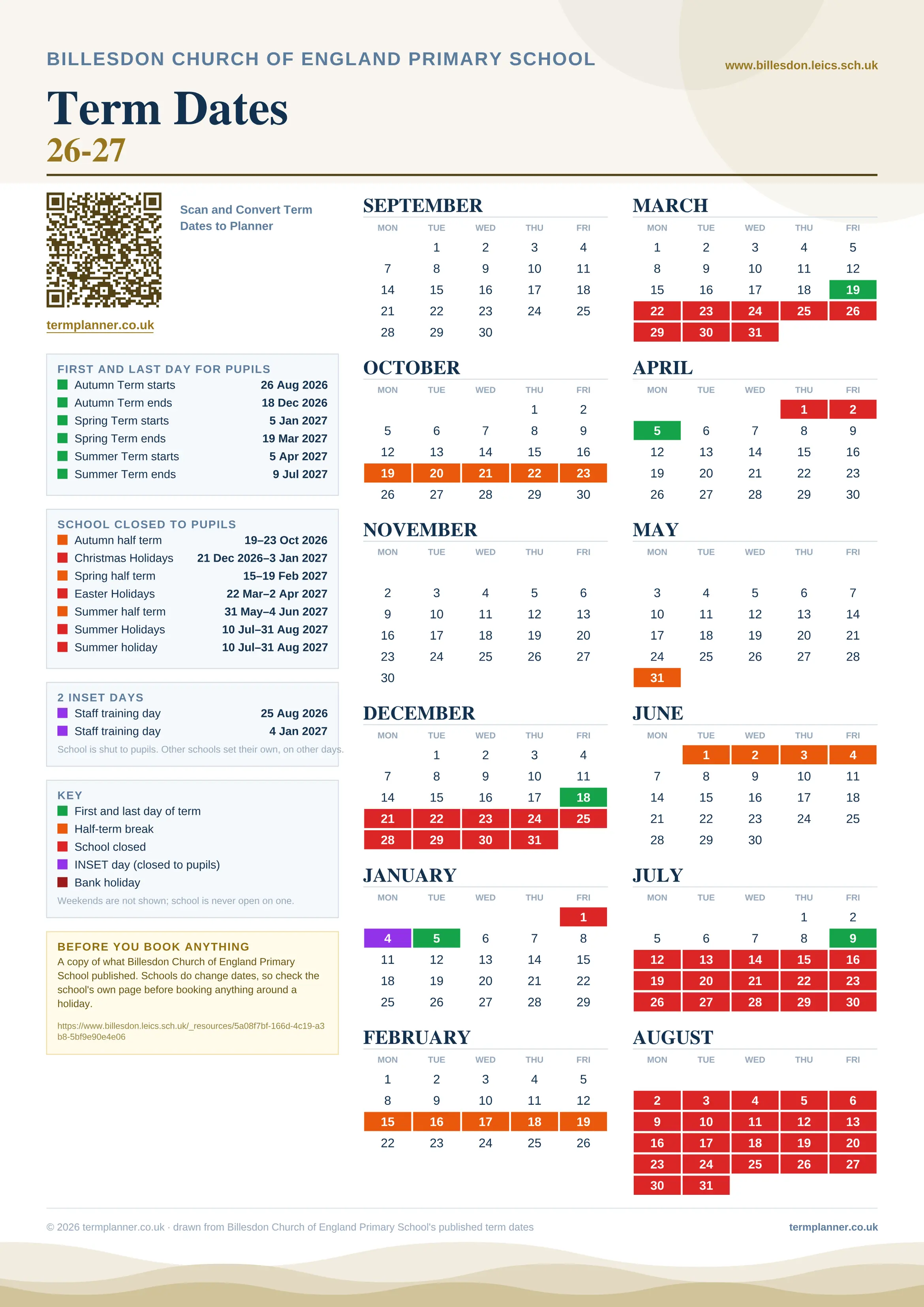 Billesdon Church of England Primary School’s 2026/27 school year drawn as one sheet: twelve month grids from September to August, Monday to Friday, with autumn term 26 August to 18 December 2026, spring term 5 January to 19 March 2027, summer term 5 April to 9 July 2027. Half terms, holidays and bank holidays are filled in colour, the first and last day of each term is marked, 2 INSET days are picked out, and every date is listed again in words down the left.