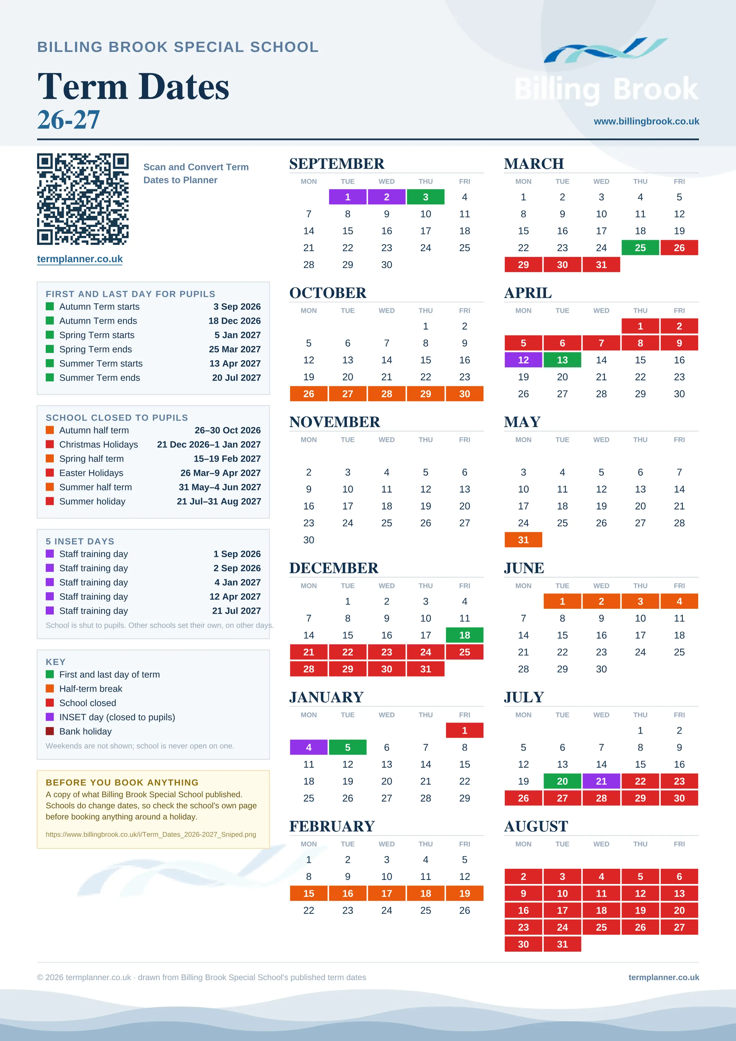 Billing Brook Special School’s 2026/27 school year drawn as one sheet: twelve month grids from September to August, Monday to Friday, with autumn term 3 September to 18 December 2026, spring term 5 January to 25 March 2027, summer term 13 April to 20 July 2027. Half terms, holidays and bank holidays are filled in colour, the first and last day of each term is marked, 5 INSET days are picked out, and every date is listed again in words down the left.