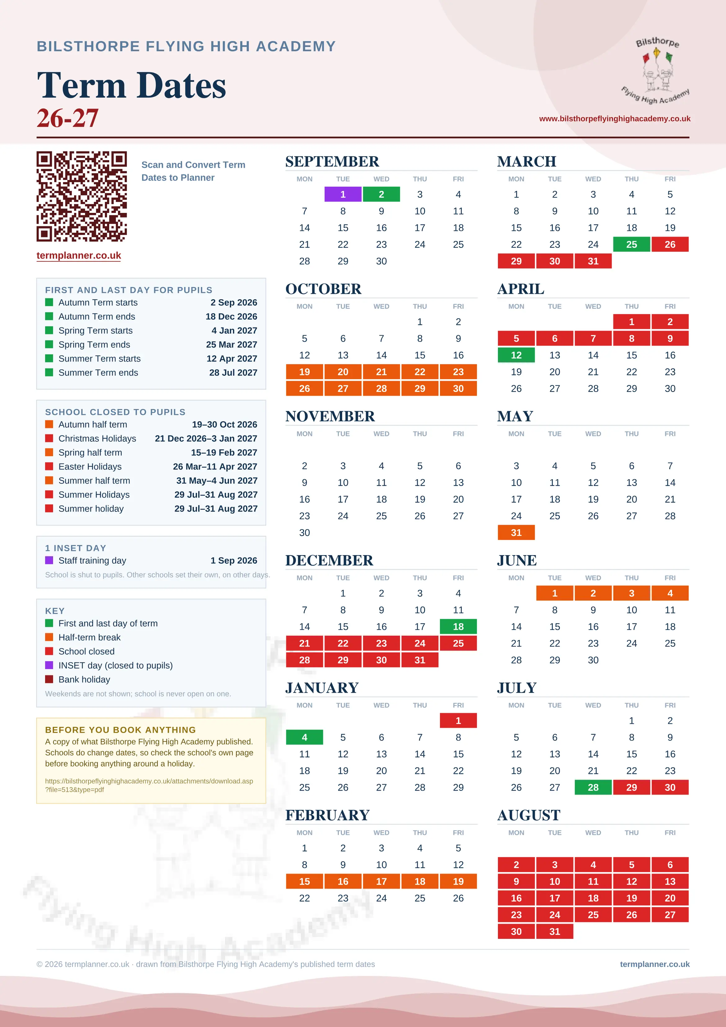 Bilsthorpe Flying High Academy’s 2026/27 school year drawn as one sheet: twelve month grids from September to August, Monday to Friday, with autumn term 2 September to 18 December 2026, spring term 4 January to 25 March 2027, summer term 12 April to 28 July 2027. Half terms, holidays and bank holidays are filled in colour, the first and last day of each term is marked, 1 INSET day is picked out, and every date is listed again in words down the left.