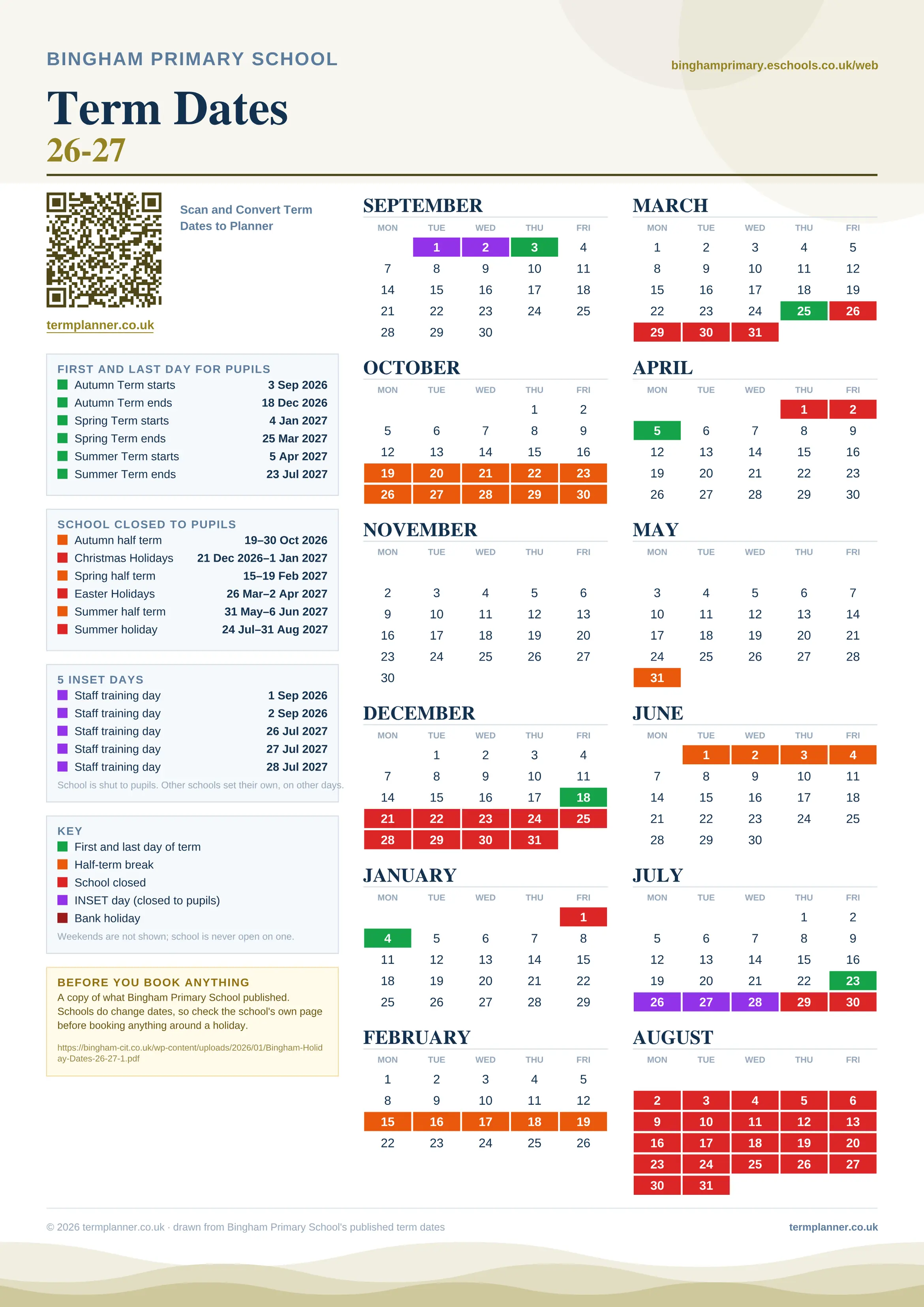 Bingham Primary School’s 2026/27 school year drawn as one sheet: twelve month grids from September to August, Monday to Friday, with autumn term 3 September to 18 December 2026, spring term 4 January to 25 March 2027, summer term 5 April to 23 July 2027. Half terms, holidays and bank holidays are filled in colour, the first and last day of each term is marked, 5 INSET days are picked out, and every date is listed again in words down the left.