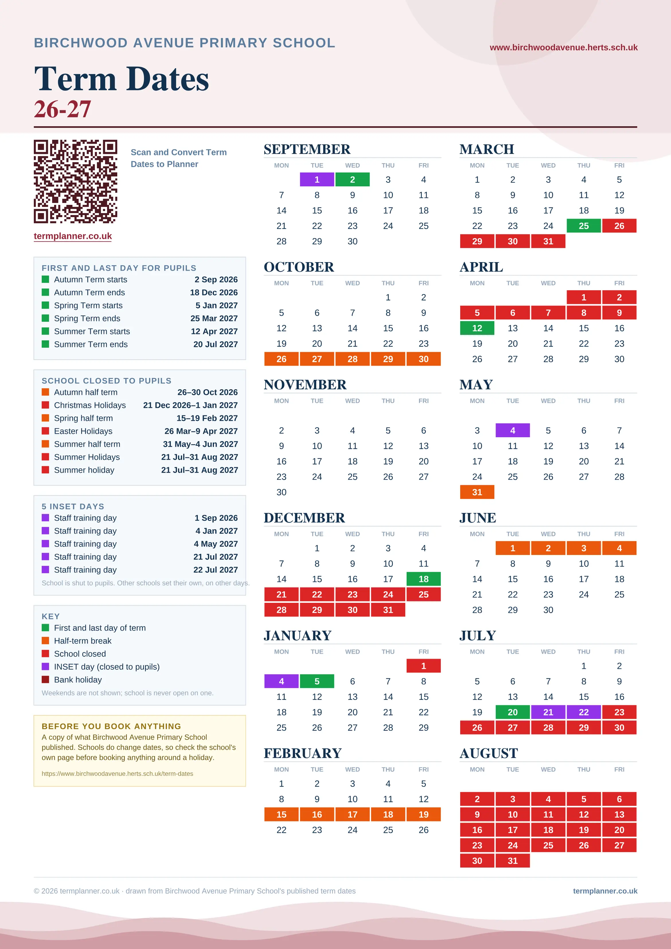 Birchwood Avenue Primary School’s 2026/27 school year drawn as one sheet: twelve month grids from September to August, Monday to Friday, with autumn term 2 September to 18 December 2026, spring term 5 January to 25 March 2027, summer term 12 April to 20 July 2027. Half terms, holidays and bank holidays are filled in colour, the first and last day of each term is marked, 5 INSET days are picked out, and every date is listed again in words down the left.