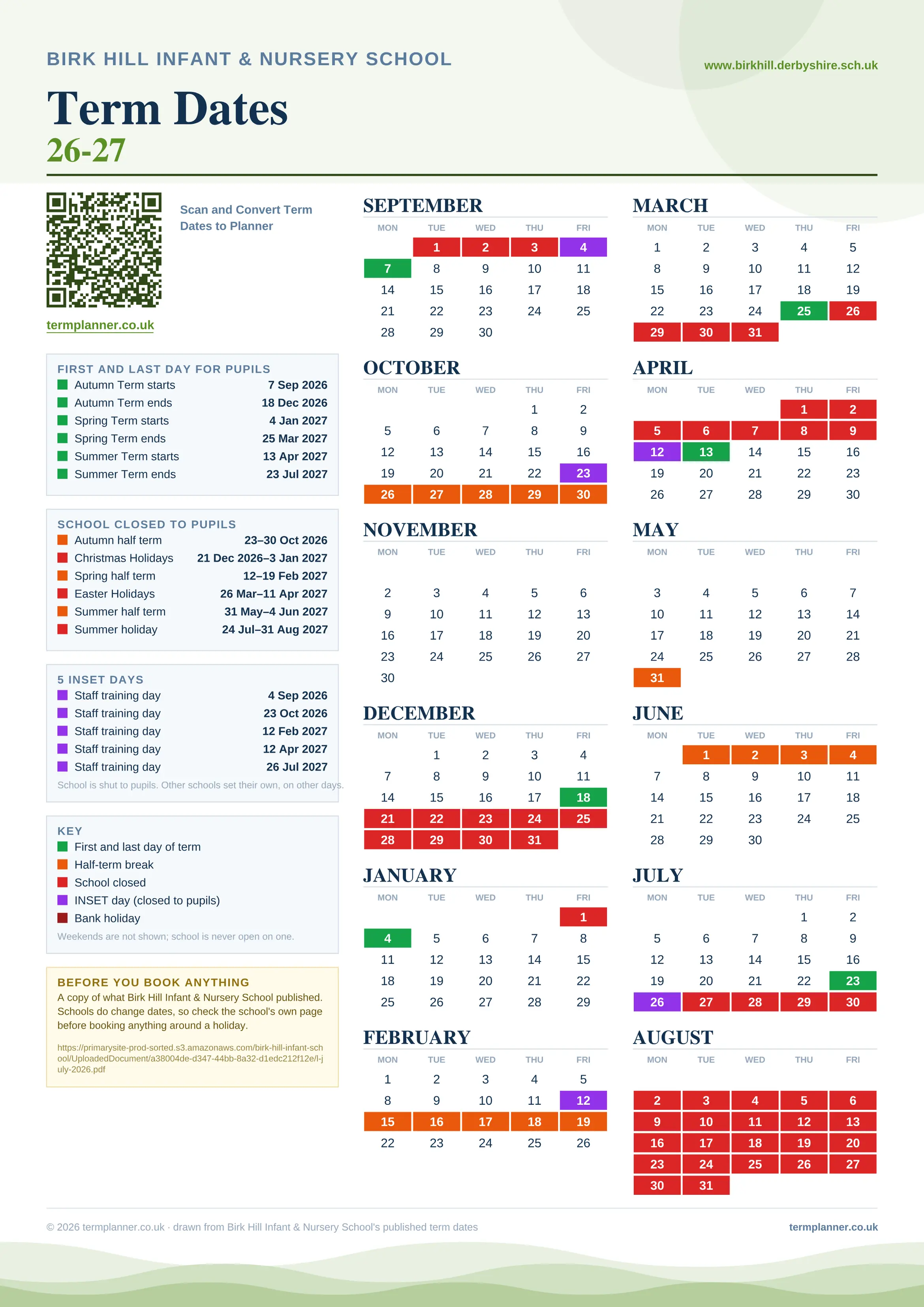 Birk Hill Infant & Nursery School’s 2026/27 school year drawn as one sheet: twelve month grids from September to August, Monday to Friday, with autumn term 7 September to 18 December 2026, spring term 4 January to 25 March 2027, summer term 13 April to 23 July 2027. Half terms, holidays and bank holidays are filled in colour, the first and last day of each term is marked, 5 INSET days are picked out, and every date is listed again in words down the left.