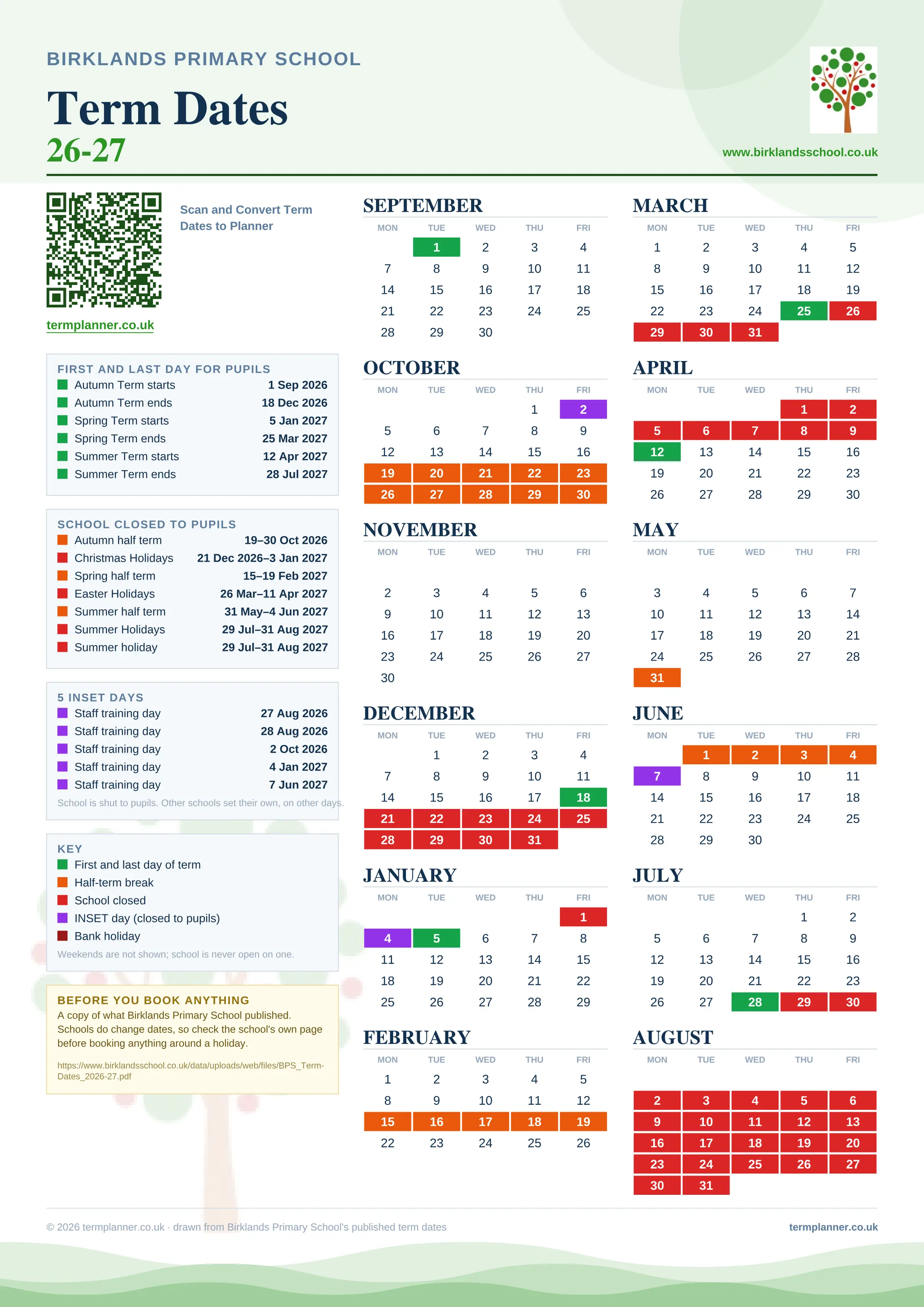 Birklands Primary School’s 2026/27 school year drawn as one sheet: twelve month grids from September to August, Monday to Friday, with autumn term 1 September to 18 December 2026, spring term 5 January to 25 March 2027, summer term 12 April to 28 July 2027. Half terms, holidays and bank holidays are filled in colour, the first and last day of each term is marked, 5 INSET days are picked out, and every date is listed again in words down the left.