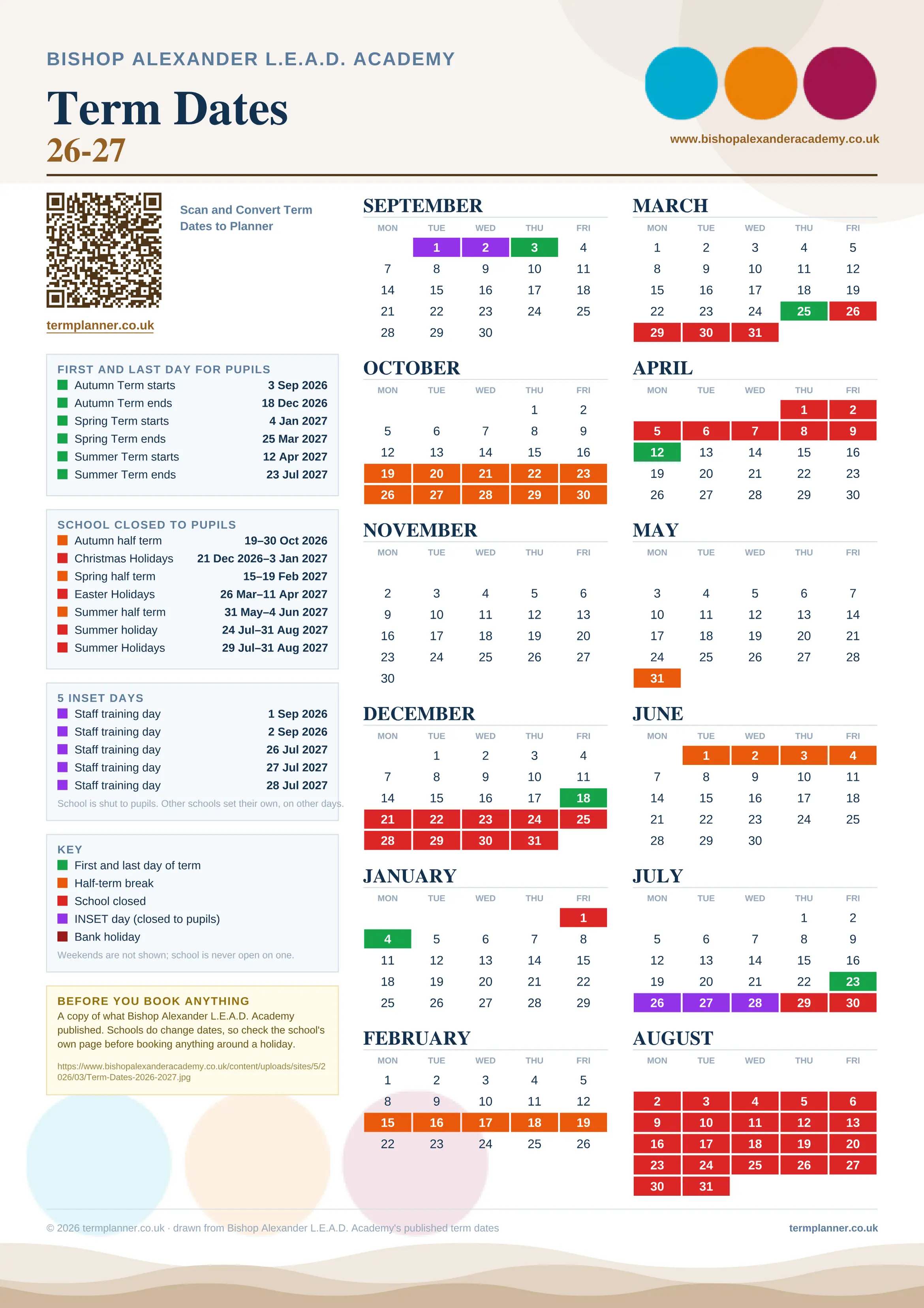 Bishop Alexander L.E.A.D. Academy’s 2026/27 school year drawn as one sheet: twelve month grids from September to August, Monday to Friday, with autumn term 3 September to 18 December 2026, spring term 4 January to 25 March 2027, summer term 12 April to 23 July 2027. Half terms, holidays and bank holidays are filled in colour, the first and last day of each term is marked, 5 INSET days are picked out, and every date is listed again in words down the left.