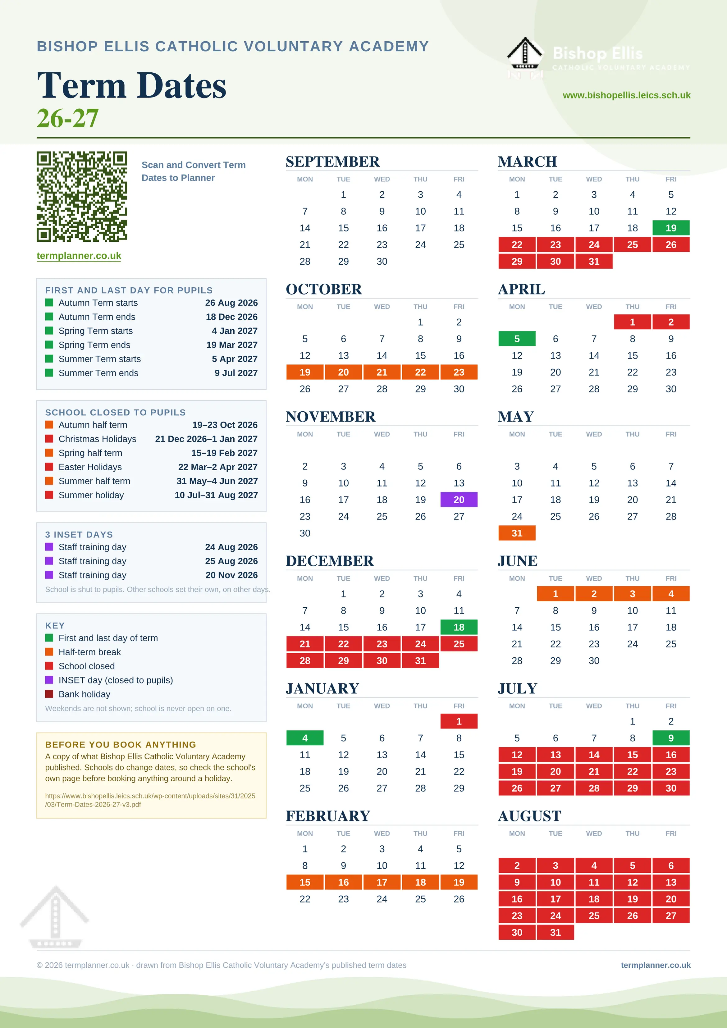 Bishop Ellis Catholic Voluntary Academy’s 2026/27 school year drawn as one sheet: twelve month grids from September to August, Monday to Friday, with autumn term 26 August to 18 December 2026, spring term 4 January to 19 March 2027, summer term 5 April to 9 July 2027. Half terms, holidays and bank holidays are filled in colour, the first and last day of each term is marked, 3 INSET days are picked out, and every date is listed again in words down the left.