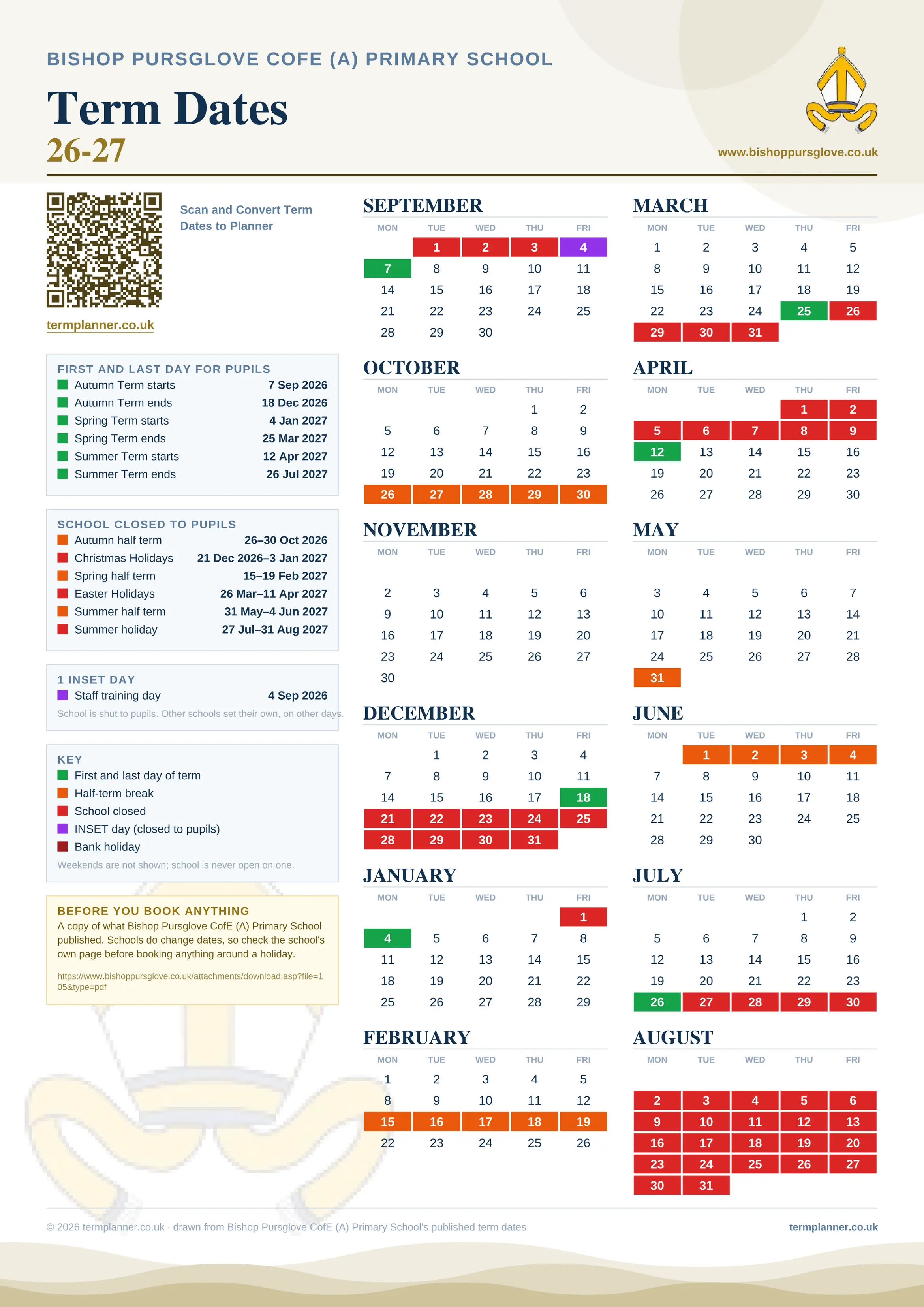 Bishop Pursglove CofE (A) Primary School’s 2026/27 school year drawn as one sheet: twelve month grids from September to August, Monday to Friday, with autumn term 7 September to 18 December 2026, spring term 4 January to 25 March 2027, summer term 12 April to 26 July 2027. Half terms, holidays and bank holidays are filled in colour, the first and last day of each term is marked, 1 INSET day is picked out, and every date is listed again in words down the left.
