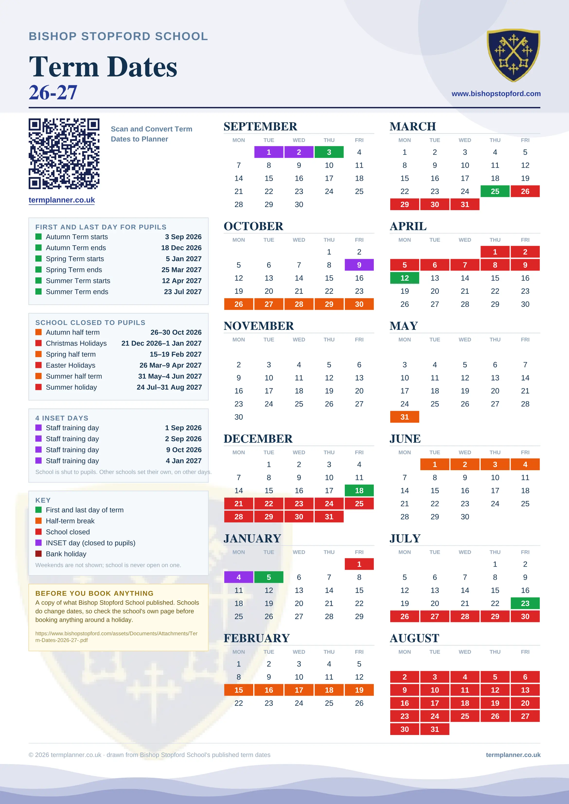 Bishop Stopford School’s 2026/27 school year drawn as one sheet: twelve month grids from September to August, Monday to Friday, with autumn term 3 September to 18 December 2026, spring term 5 January to 25 March 2027, summer term 12 April to 23 July 2027. Half terms, holidays and bank holidays are filled in colour, the first and last day of each term is marked, 4 INSET days are picked out, and every date is listed again in words down the left.