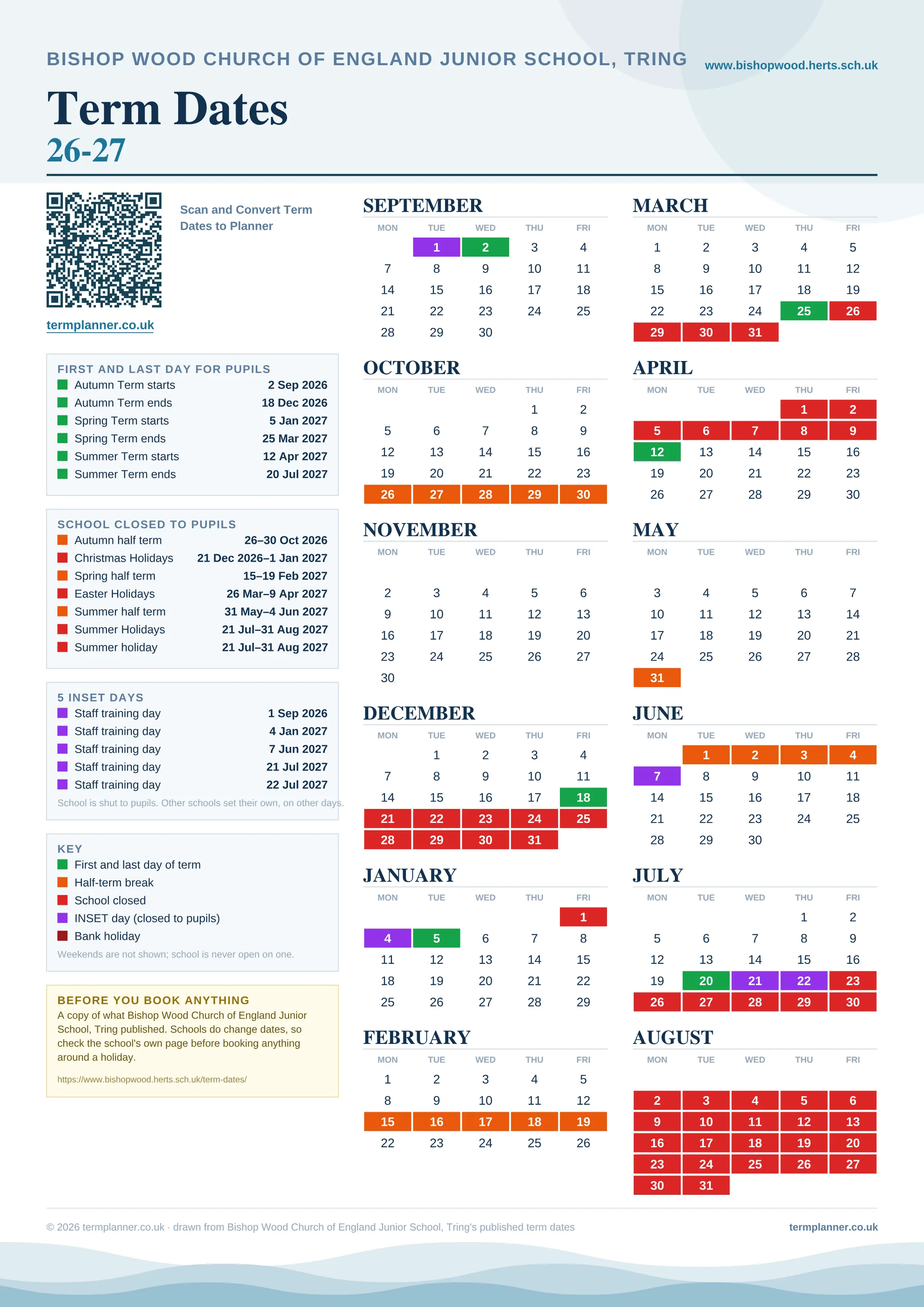 Bishop Wood Church of England Junior School, Tring’s 2026/27 school year drawn as one sheet: twelve month grids from September to August, Monday to Friday, with autumn term 2 September to 18 December 2026, spring term 5 January to 25 March 2027, summer term 12 April to 20 July 2027. Half terms, holidays and bank holidays are filled in colour, the first and last day of each term is marked, 5 INSET days are picked out, and every date is listed again in words down the left.