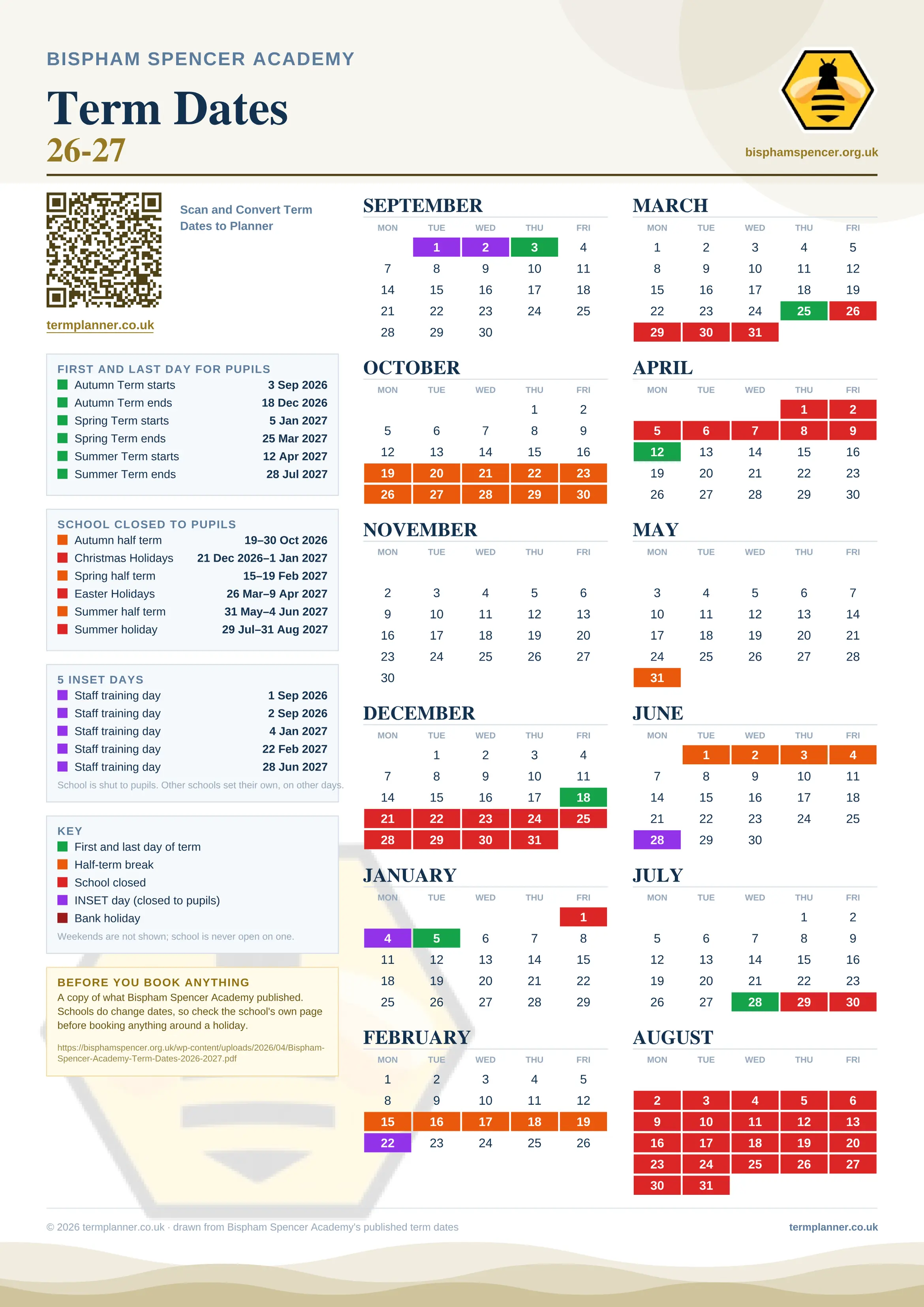 Bispham Spencer Academy’s 2026/27 school year drawn as one sheet: twelve month grids from September to August, Monday to Friday, with autumn term 3 September to 18 December 2026, spring term 5 January to 25 March 2027, summer term 12 April to 28 July 2027. Half terms, holidays and bank holidays are filled in colour, the first and last day of each term is marked, 5 INSET days are picked out, and every date is listed again in words down the left.