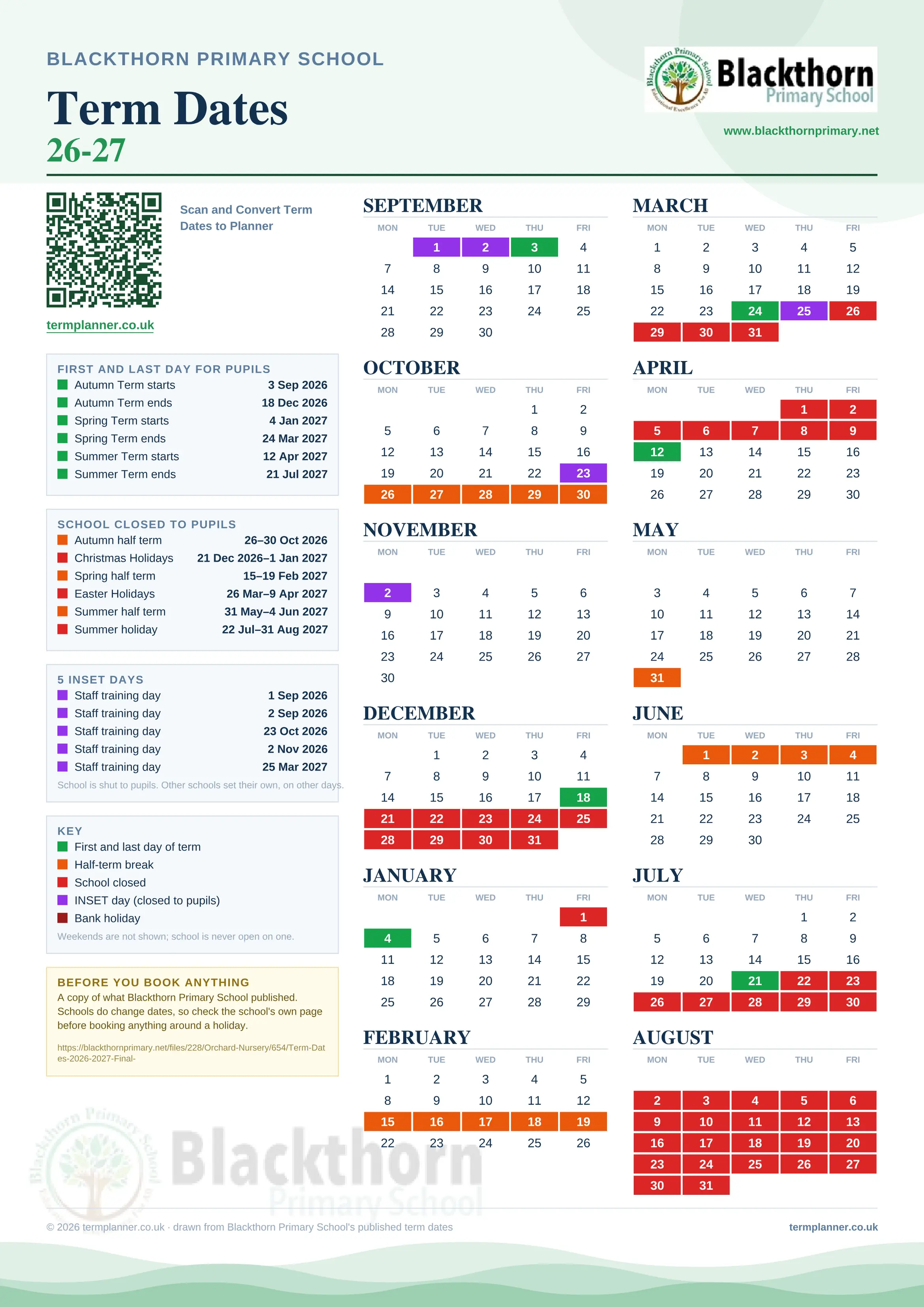 Blackthorn Primary School’s 2026/27 school year drawn as one sheet: twelve month grids from September to August, Monday to Friday, with autumn term 3 September to 18 December 2026, spring term 4 January to 24 March 2027, summer term 12 April to 21 July 2027. Half terms, holidays and bank holidays are filled in colour, the first and last day of each term is marked, 5 INSET days are picked out, and every date is listed again in words down the left.