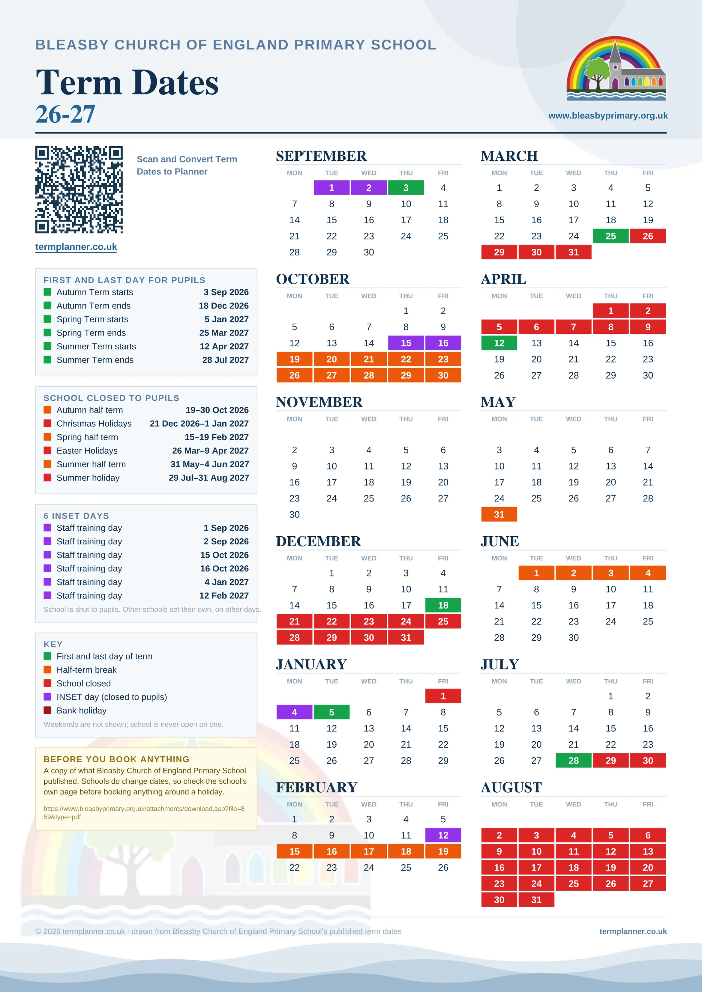 Bleasby Church of England Primary School’s 2026/27 school year drawn as one sheet: twelve month grids from September to August, Monday to Friday, with autumn term 3 September to 18 December 2026, spring term 5 January to 25 March 2027, summer term 12 April to 28 July 2027. Half terms, holidays and bank holidays are filled in colour, the first and last day of each term is marked, 6 INSET days are picked out, and every date is listed again in words down the left.