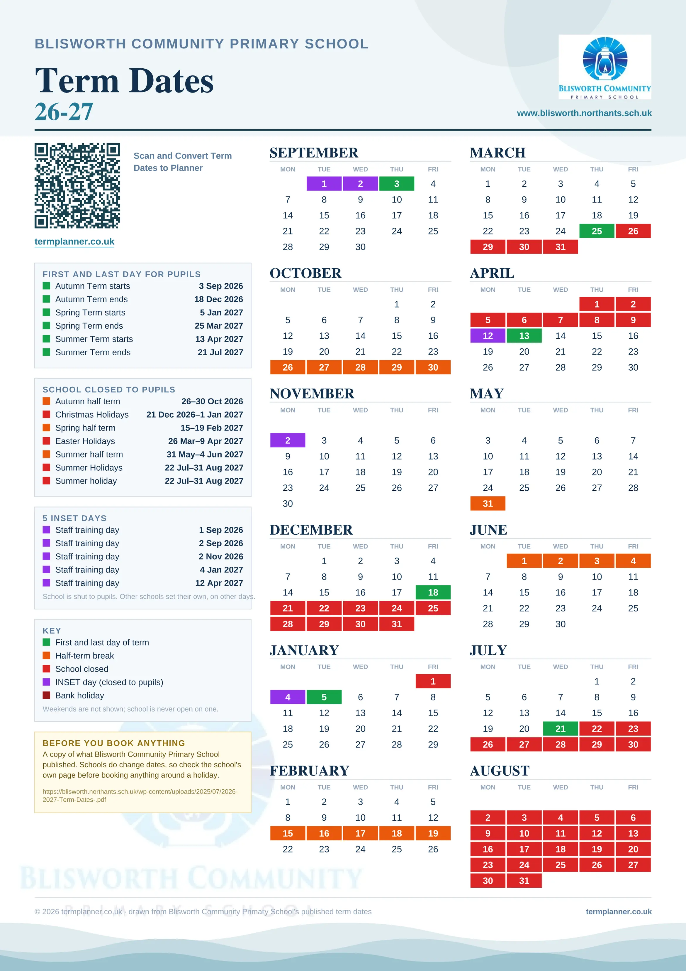 Blisworth Community Primary School’s 2026/27 school year drawn as one sheet: twelve month grids from September to August, Monday to Friday, with autumn term 3 September to 18 December 2026, spring term 5 January to 25 March 2027, summer term 13 April to 21 July 2027. Half terms, holidays and bank holidays are filled in colour, the first and last day of each term is marked, 5 INSET days are picked out, and every date is listed again in words down the left.