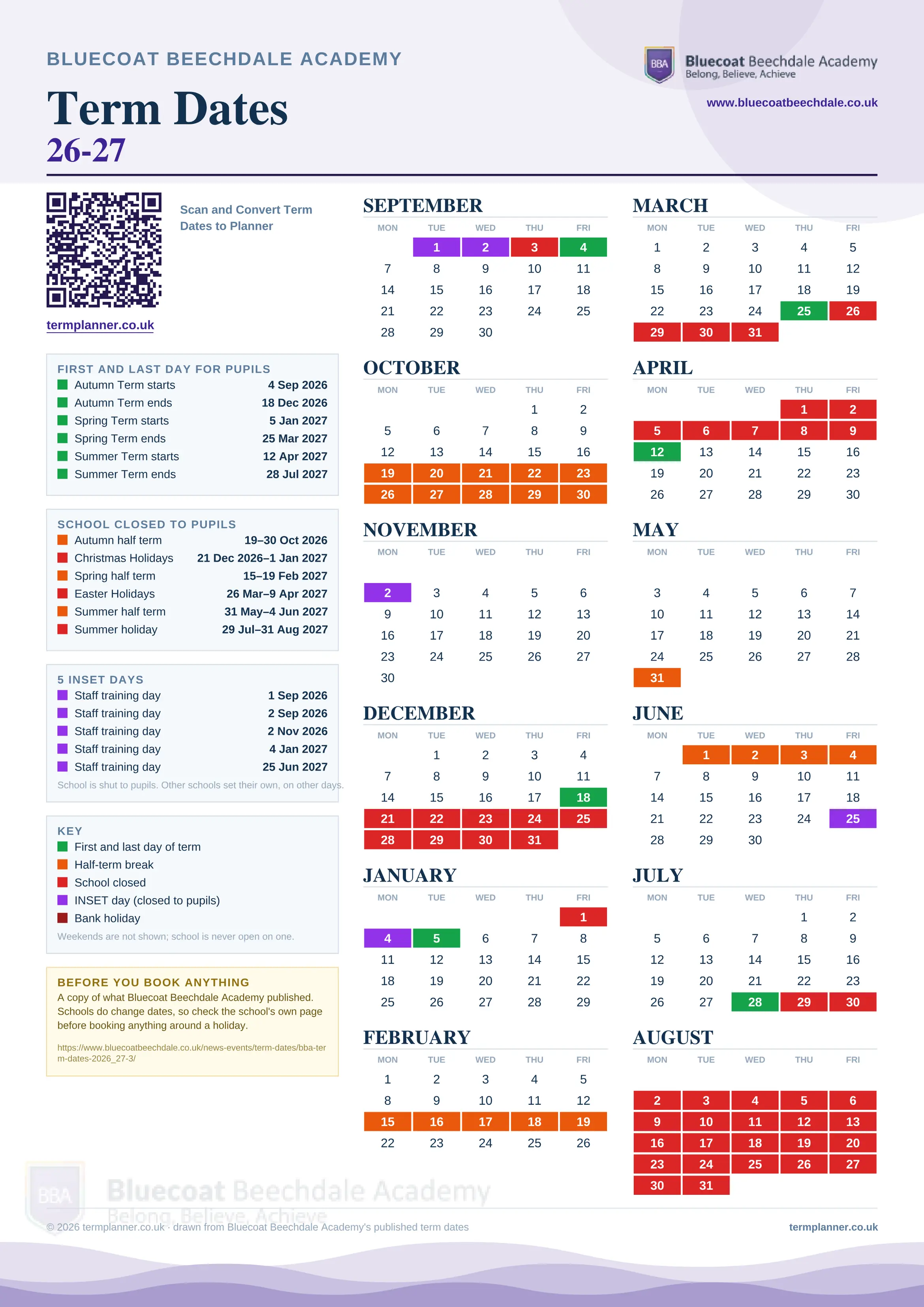 Bluecoat Beechdale Academy’s 2026/27 school year drawn as one sheet: twelve month grids from September to August, Monday to Friday, with autumn term 4 September to 18 December 2026, spring term 5 January to 25 March 2027, summer term 12 April to 28 July 2027. Half terms, holidays and bank holidays are filled in colour, the first and last day of each term is marked, 5 INSET days are picked out, and every date is listed again in words down the left.