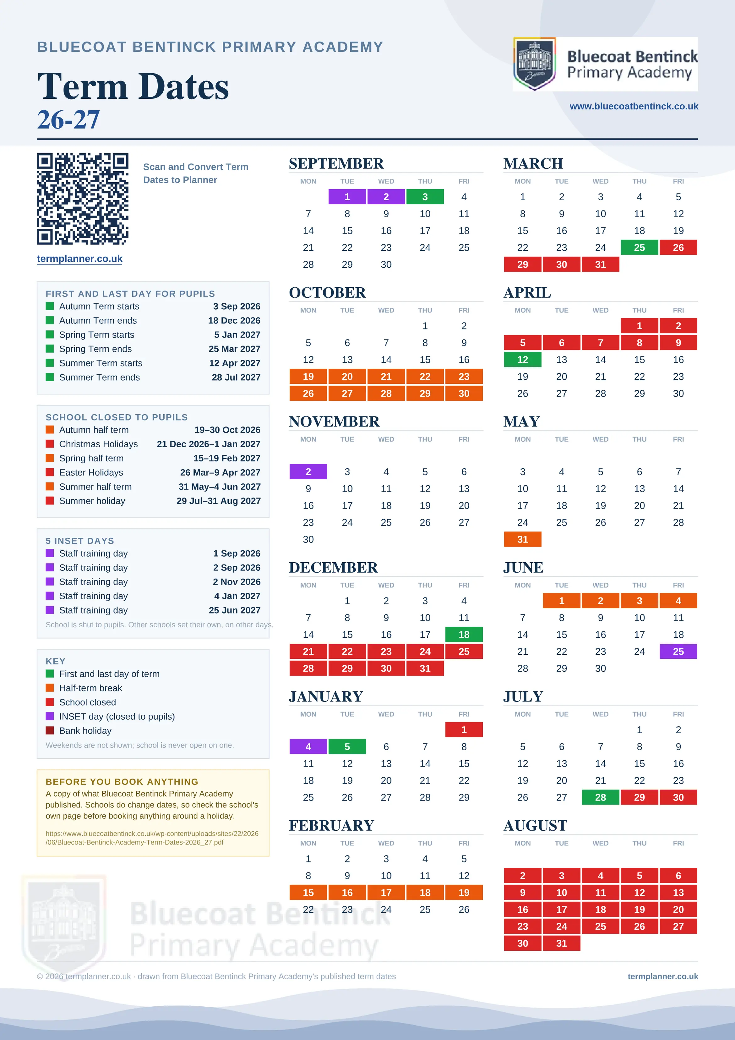 Bluecoat Bentinck Primary Academy’s 2026/27 school year drawn as one sheet: twelve month grids from September to August, Monday to Friday, with autumn term 3 September to 18 December 2026, spring term 5 January to 25 March 2027, summer term 12 April to 28 July 2027. Half terms, holidays and bank holidays are filled in colour, the first and last day of each term is marked, 5 INSET days are picked out, and every date is listed again in words down the left.