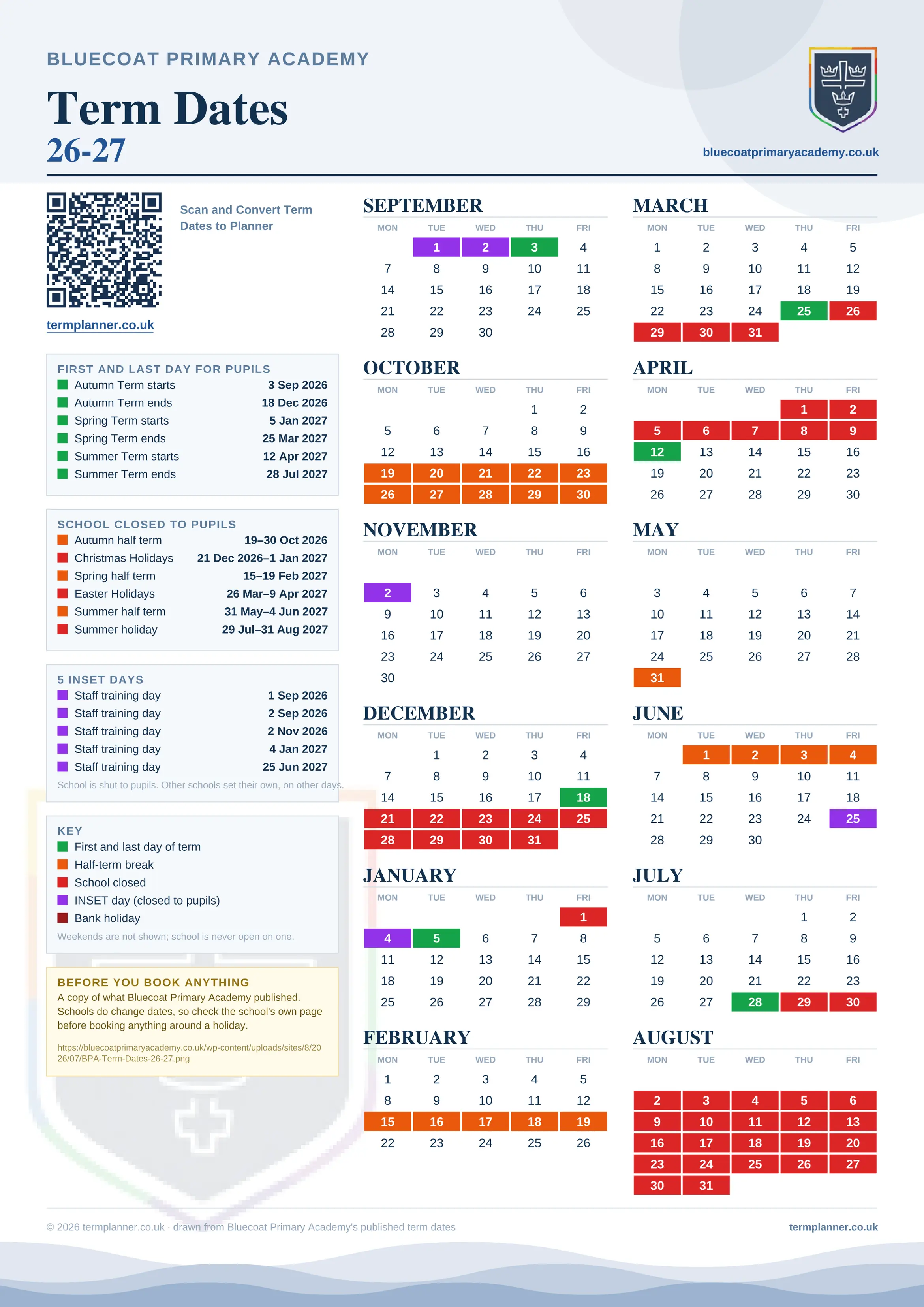 Bluecoat Primary Academy’s 2026/27 school year drawn as one sheet: twelve month grids from September to August, Monday to Friday, with autumn term 3 September to 18 December 2026, spring term 5 January to 25 March 2027, summer term 12 April to 28 July 2027. Half terms, holidays and bank holidays are filled in colour, the first and last day of each term is marked, 5 INSET days are picked out, and every date is listed again in words down the left.