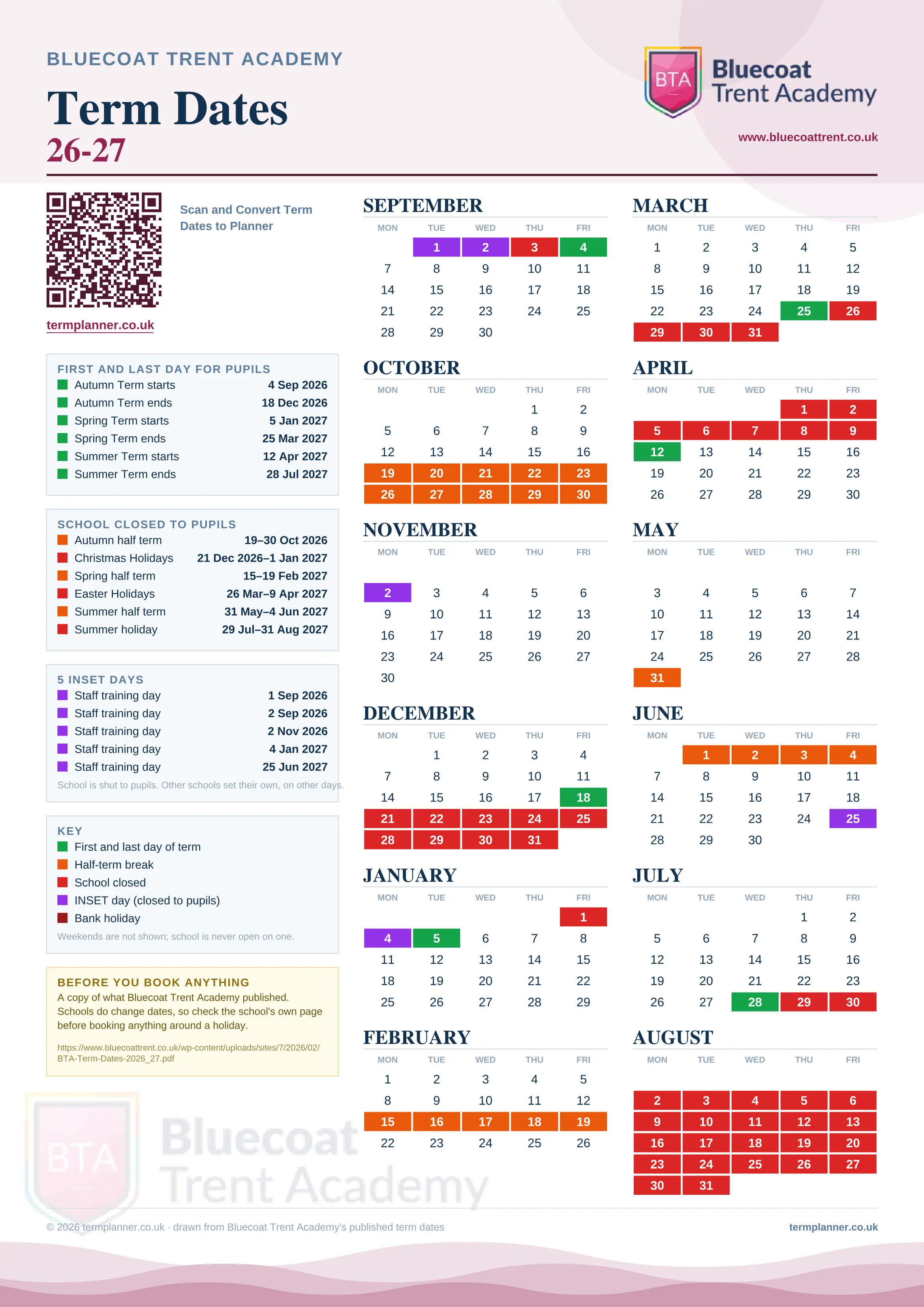 Bluecoat Trent Academy’s 2026/27 school year drawn as one sheet: twelve month grids from September to August, Monday to Friday, with autumn term 4 September to 18 December 2026, spring term 5 January to 25 March 2027, summer term 12 April to 28 July 2027. Half terms, holidays and bank holidays are filled in colour, the first and last day of each term is marked, 5 INSET days are picked out, and every date is listed again in words down the left.