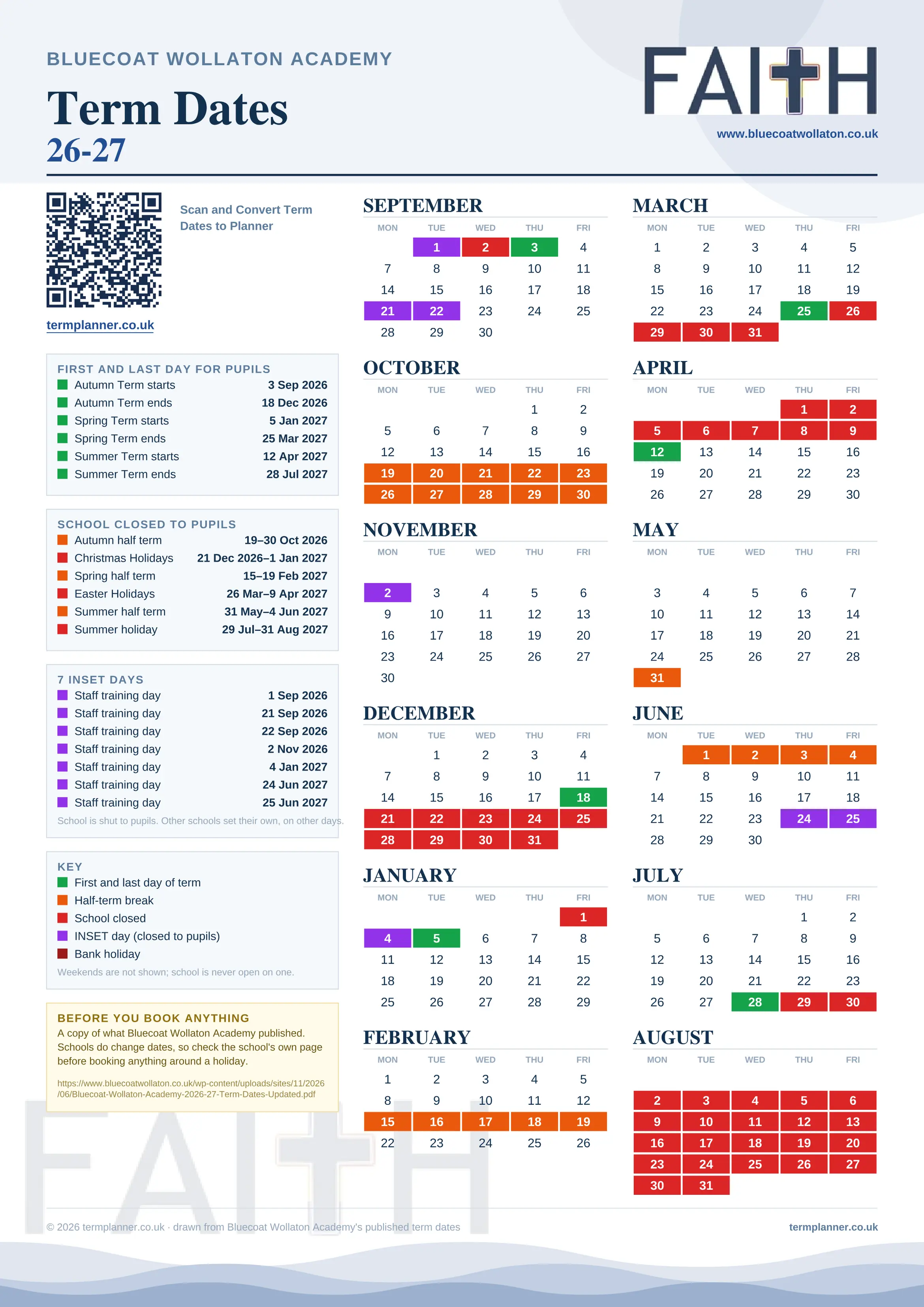Bluecoat Wollaton Academy’s 2026/27 school year drawn as one sheet: twelve month grids from September to August, Monday to Friday, with autumn term 3 September to 18 December 2026, spring term 5 January to 25 March 2027, summer term 12 April to 28 July 2027. Half terms, holidays and bank holidays are filled in colour, the first and last day of each term is marked, 7 INSET days are picked out, and every date is listed again in words down the left.