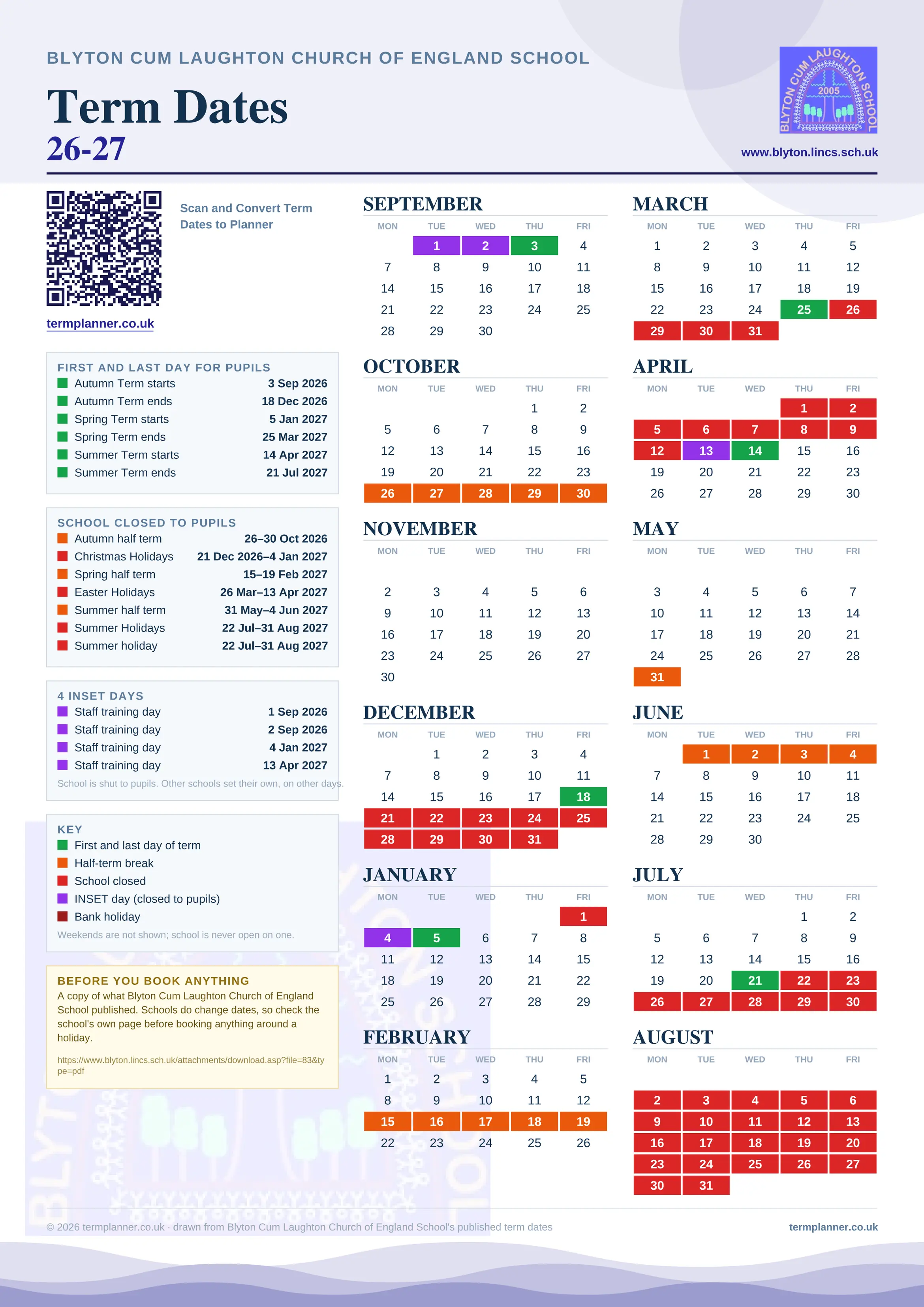 Blyton Cum Laughton Church of England School’s 2026/27 school year drawn as one sheet: twelve month grids from September to August, Monday to Friday, with autumn term 3 September to 18 December 2026, spring term 5 January to 25 March 2027, summer term 14 April to 21 July 2027. Half terms, holidays and bank holidays are filled in colour, the first and last day of each term is marked, 4 INSET days are picked out, and every date is listed again in words down the left.