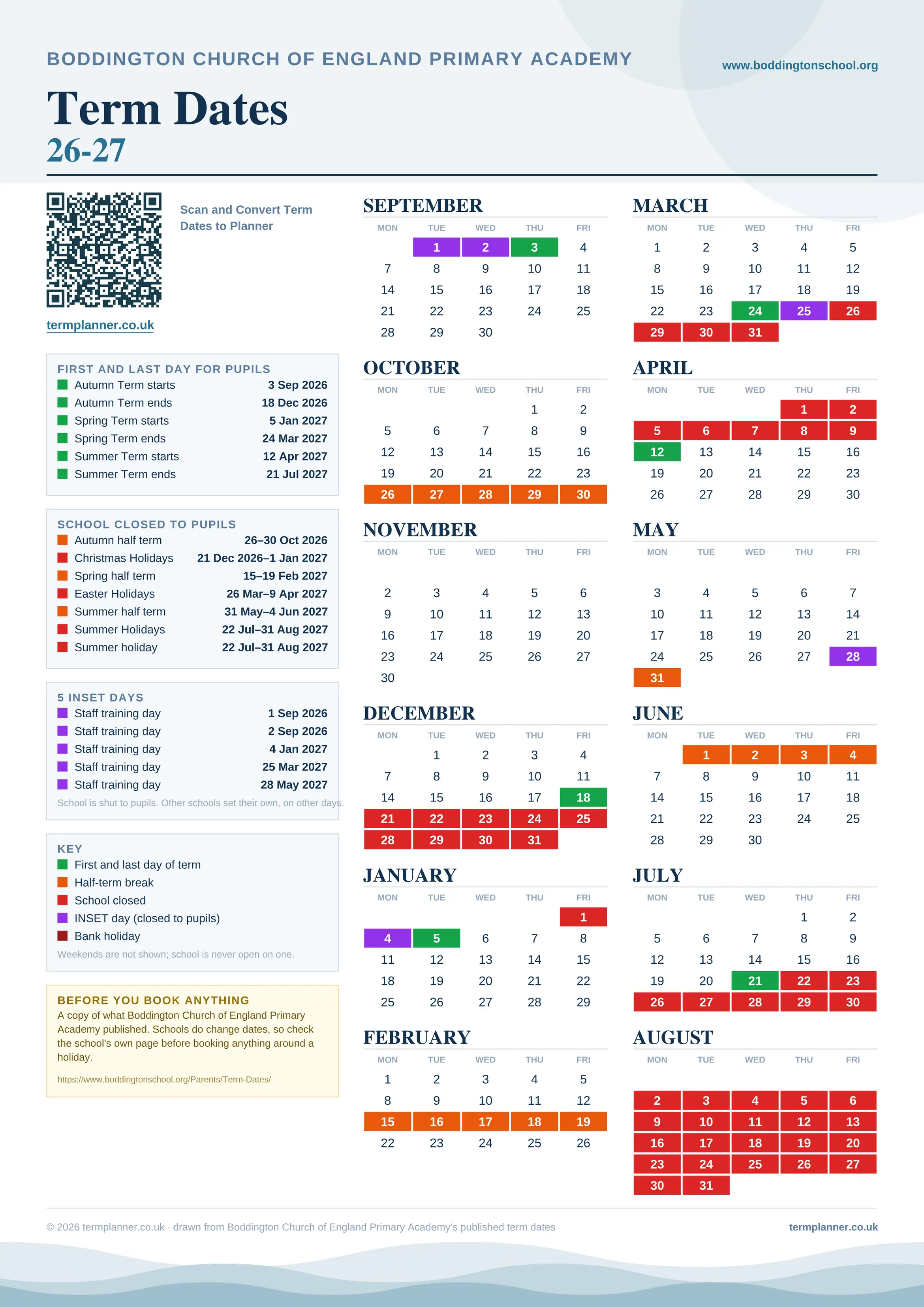 Boddington Church of England Primary Academy’s 2026/27 school year drawn as one sheet: twelve month grids from September to August, Monday to Friday, with autumn term 3 September to 18 December 2026, spring term 5 January to 24 March 2027, summer term 12 April to 21 July 2027. Half terms, holidays and bank holidays are filled in colour, the first and last day of each term is marked, 5 INSET days are picked out, and every date is listed again in words down the left.
